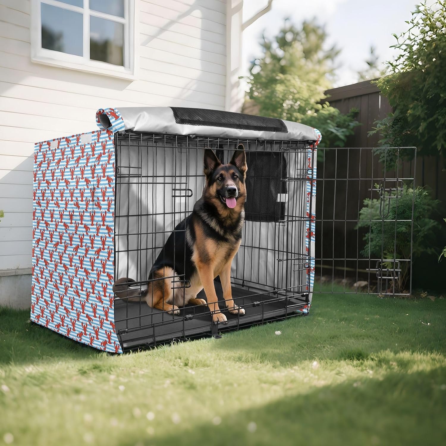Blue Striped Lobsters Metal Dog Crate Covers Pet Kennel Cover Dog Crate Protector 48 Inch