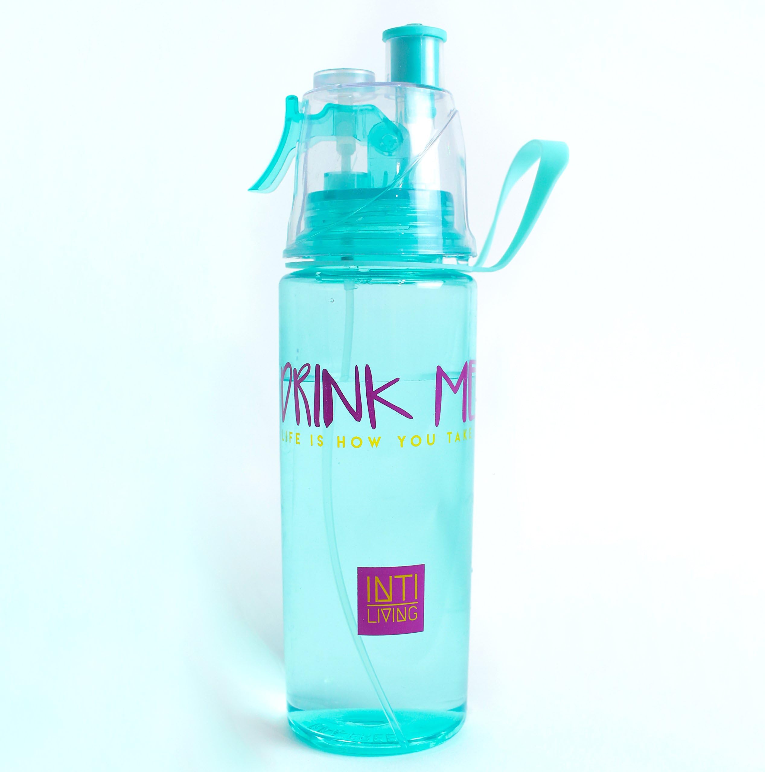 INTI LIVING Water bottle with spray mist for hydration, moisturize and motivation! DRINK ME design. BPA FREE! Cool gadget for workouts, gym, beach, camping, office, car, biking and more!