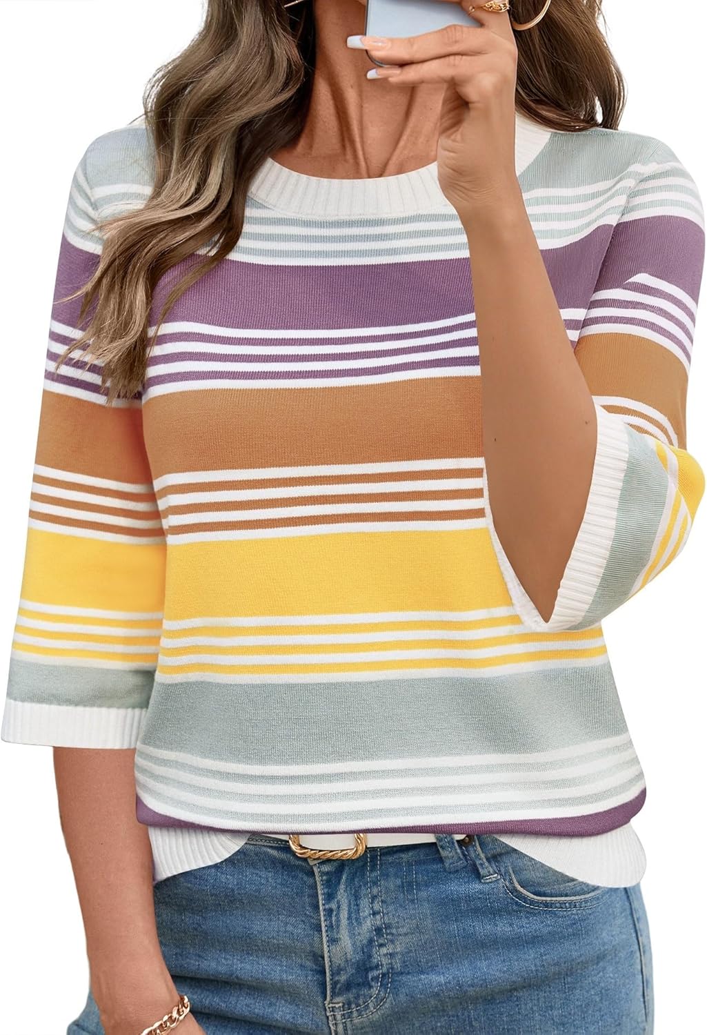 LOMON Womens Sweaters Casual Fall 2025 Crew Neck Striped 3/4 Sleeve Lightweight Knit Trendy Pullover Sweater Tops S-XL