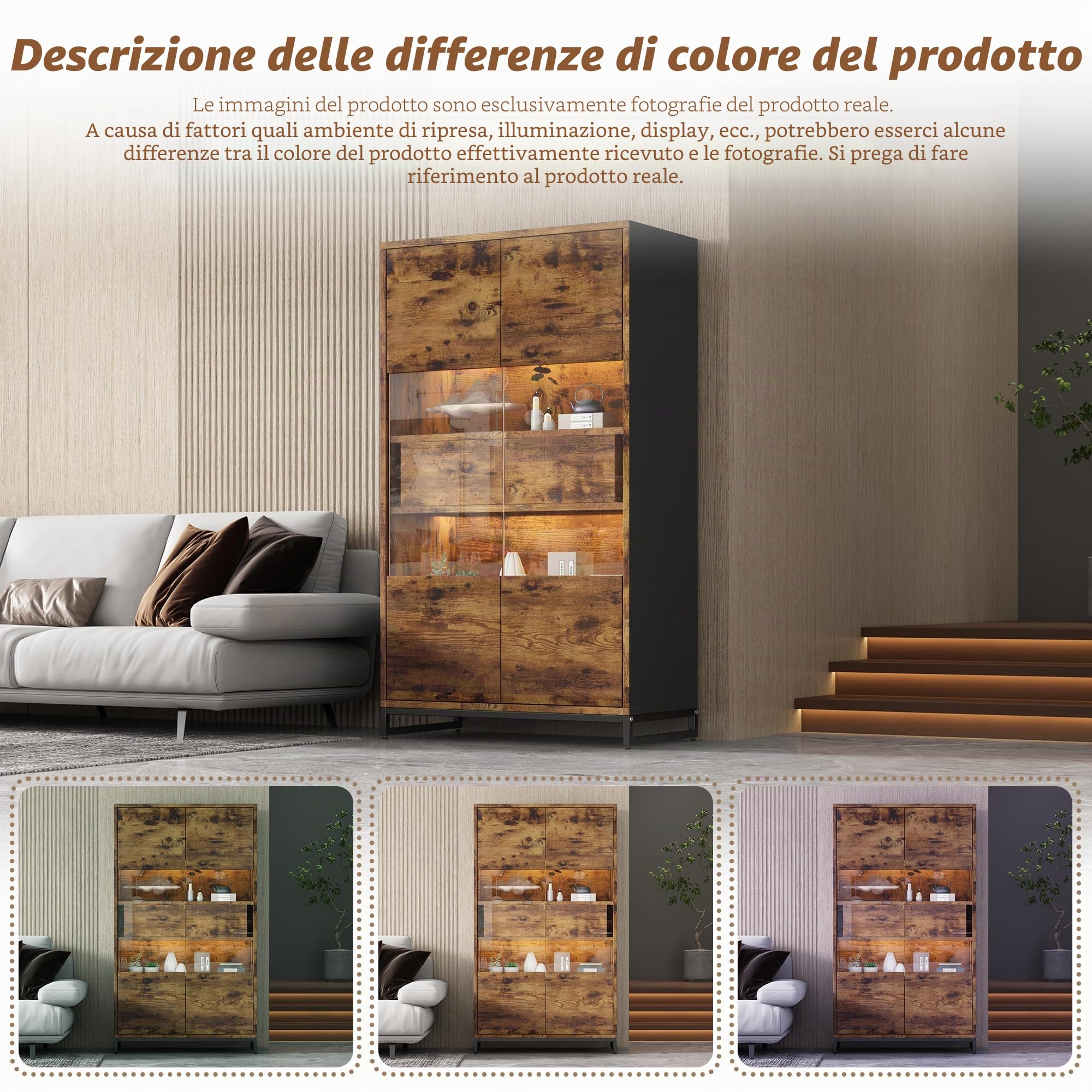 Merax Vetrina trasparente con illuminazione LED, libreria 2 ante 2 cassetti, vetrina da collezione, vetrina per vino, soggiorno, sala da pranzo, ufficio, vintage, marrone