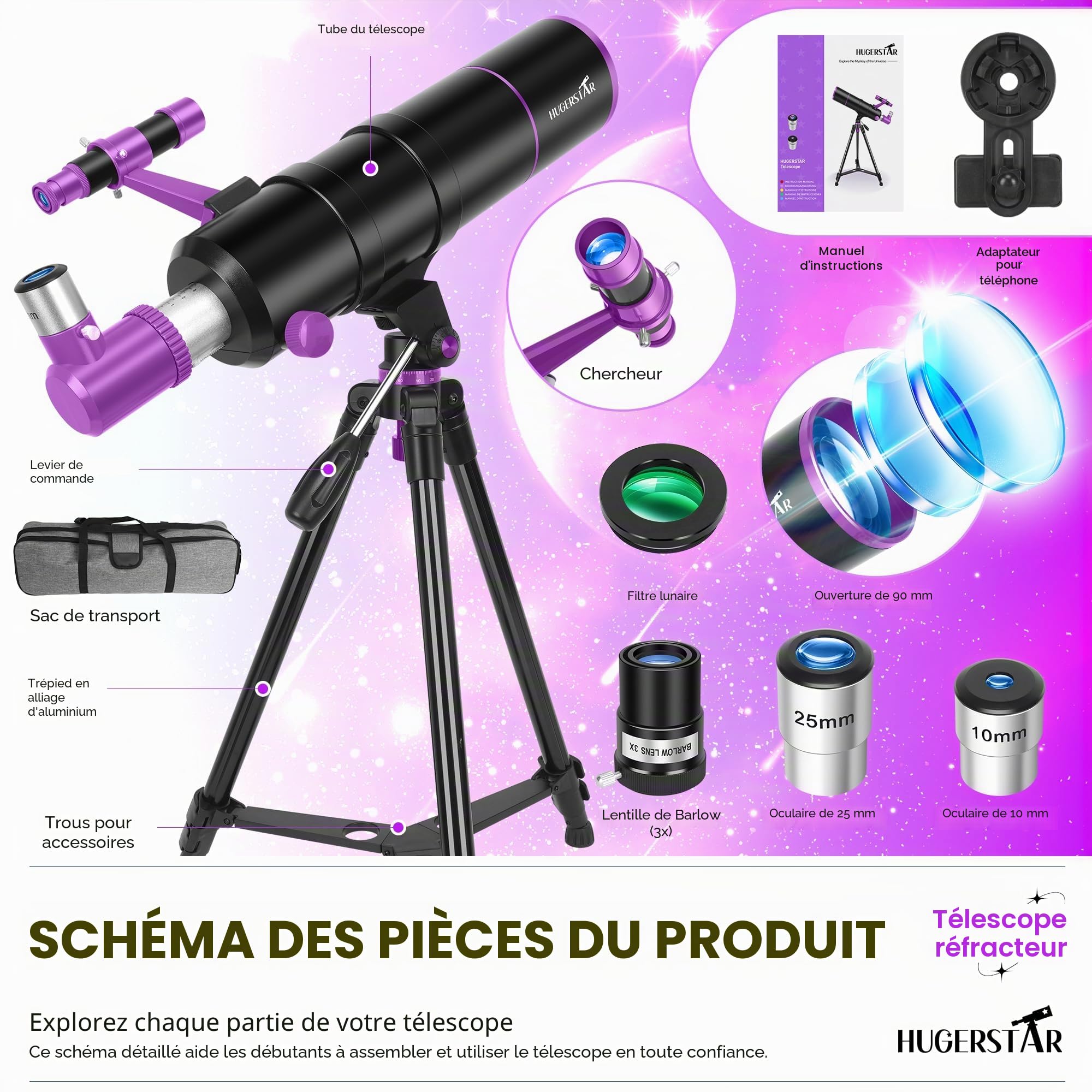 Télescope Astronomique Professionnel pour Adultes et Enfants Débutants, 90/550 mm Télescope Réfracteur Portable avec Trépied, Filtre Lunaire, Adaptateur de Téléphone & Sac de Transport