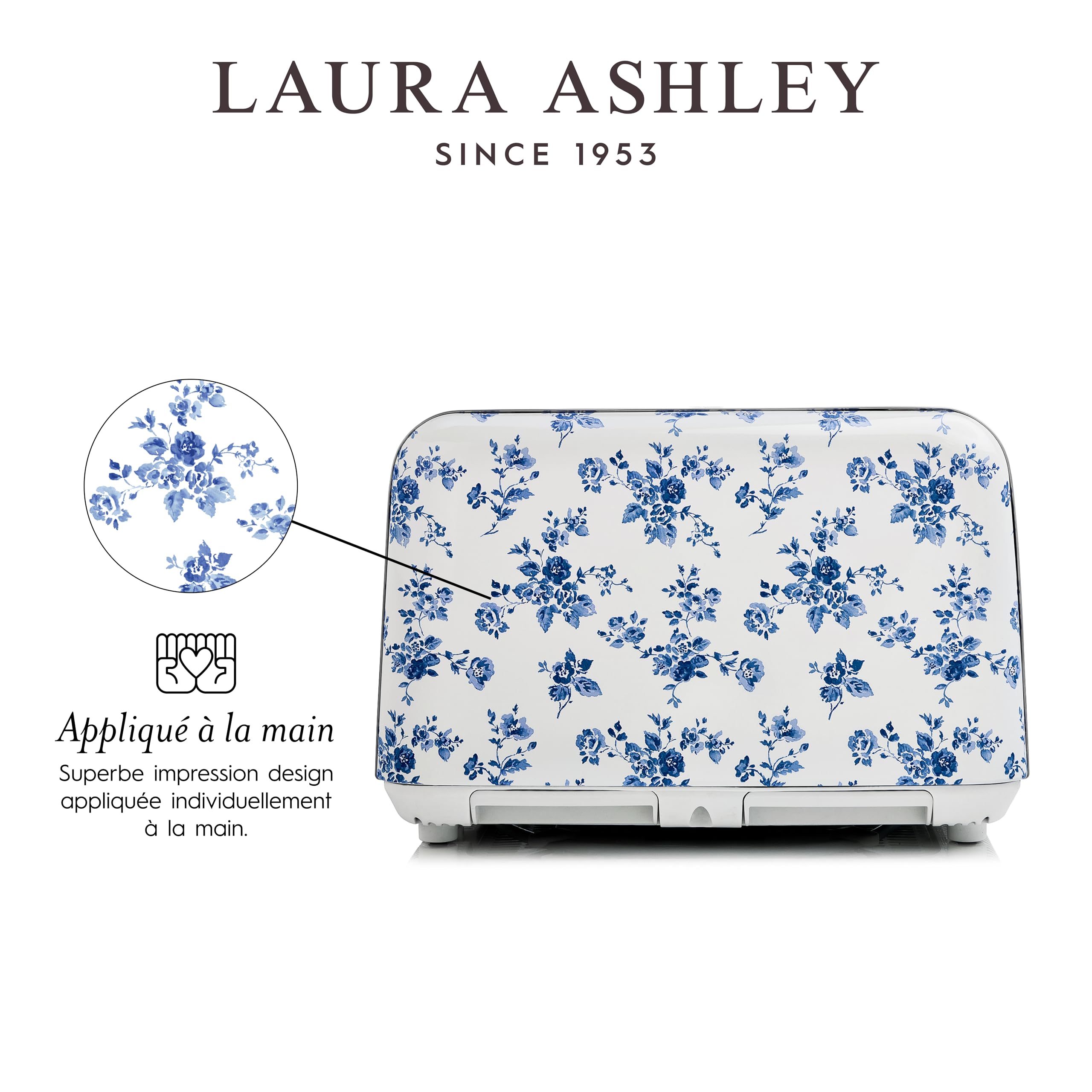 VQ Laura Ashley Grille-Pains 4 Tranches avec Modes de Chauffage, Décongélation et Réchauffage Réglables - Inox Grille Pain Vintage avec un Support de Réchauffage Pour Croissants - China Rose | Avec modes de chauffage, de décongélation et de réchauffement