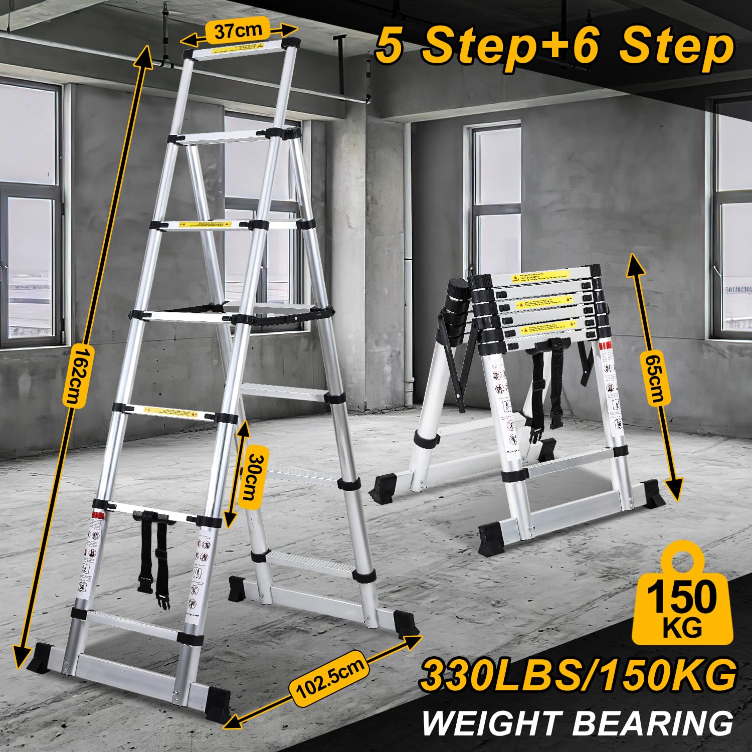 Ikodm Aluminiowa drabina teleskopowa, rama A, 5 + 6 stopni, drabina wysuwana do naprawy dachu, rozmiar po złożeniu 65 cm, nośność 150 kg