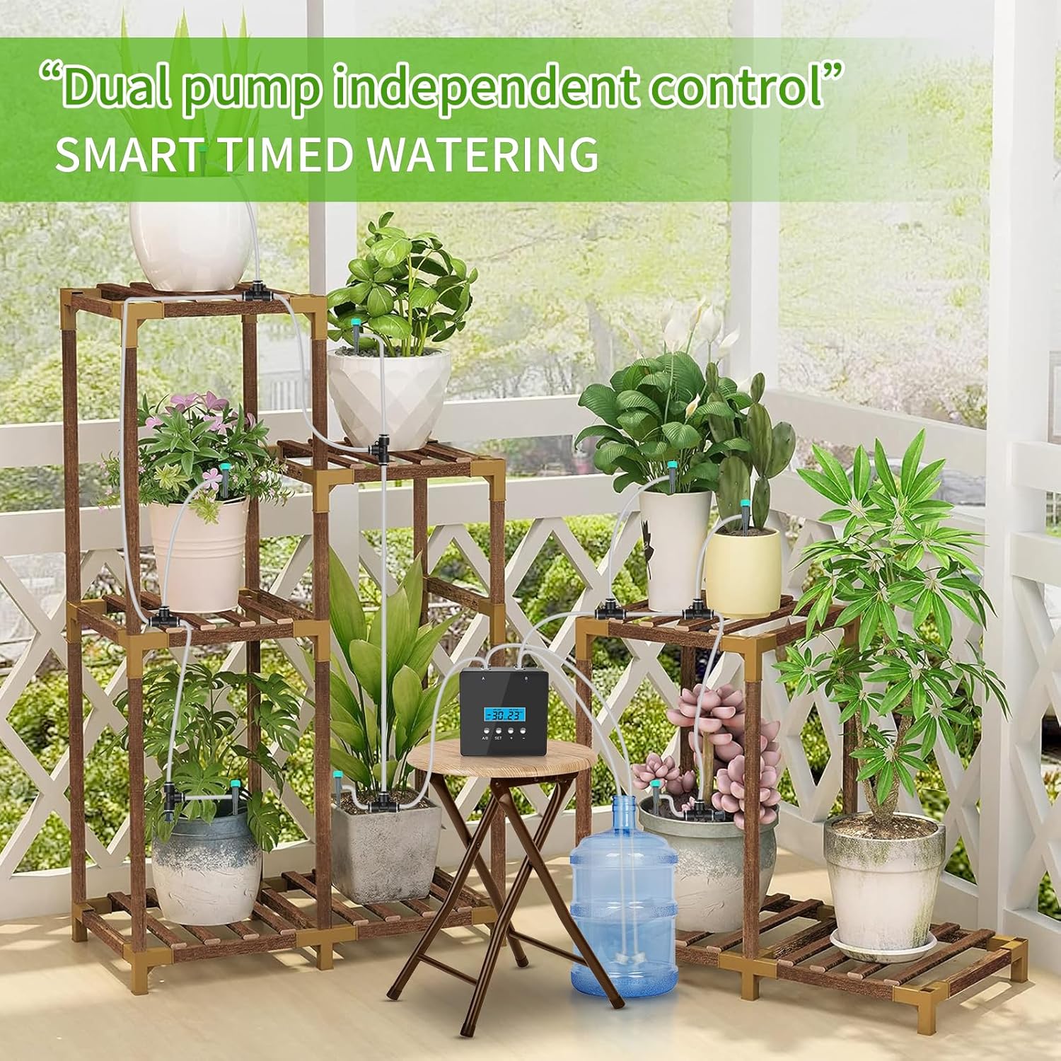 Automatic Plant Waterer Indoor, Indoor Plant Watering Devices with 2 self-Priming Pump, Automatic drip Irrigation kit with 20 Adjustable droppers， self Watering System, programmable Timer