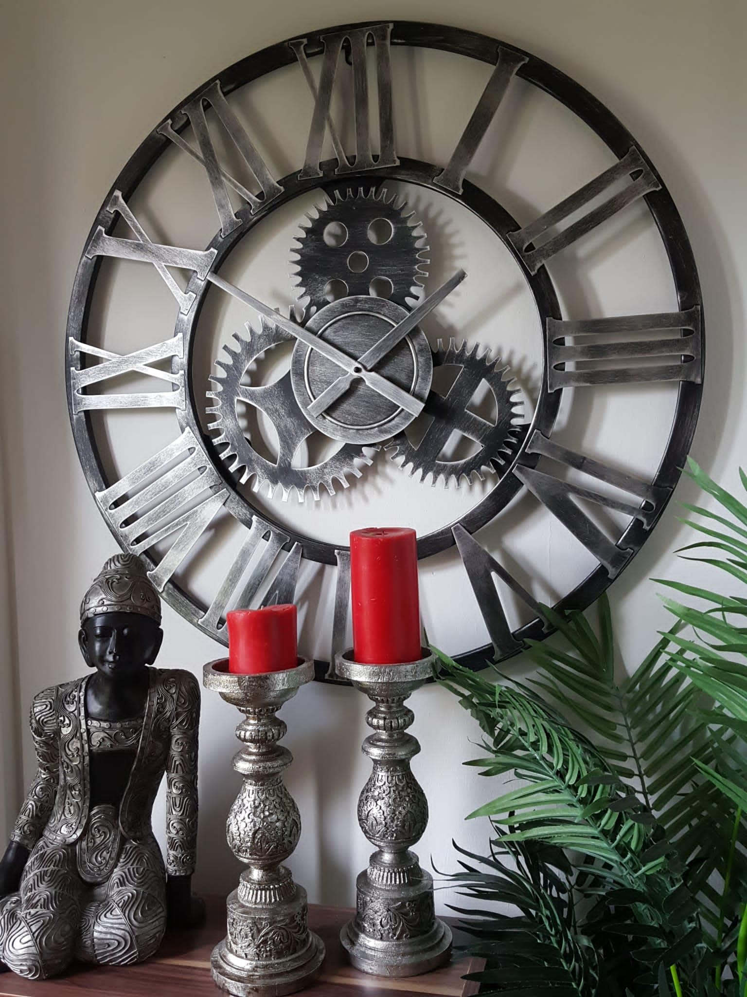 Rustic Silver 76Cm - 100% Metal Large Skeleton Gear Wall Clock - Colour - Industrial Mechanical Look - Silent Metal Wall Clock - Roman Numerals - Wall Art - Silent Clock