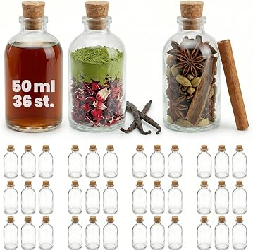 Empty Small Glass Bottles with Cork Stoppers, 36 x 50ml