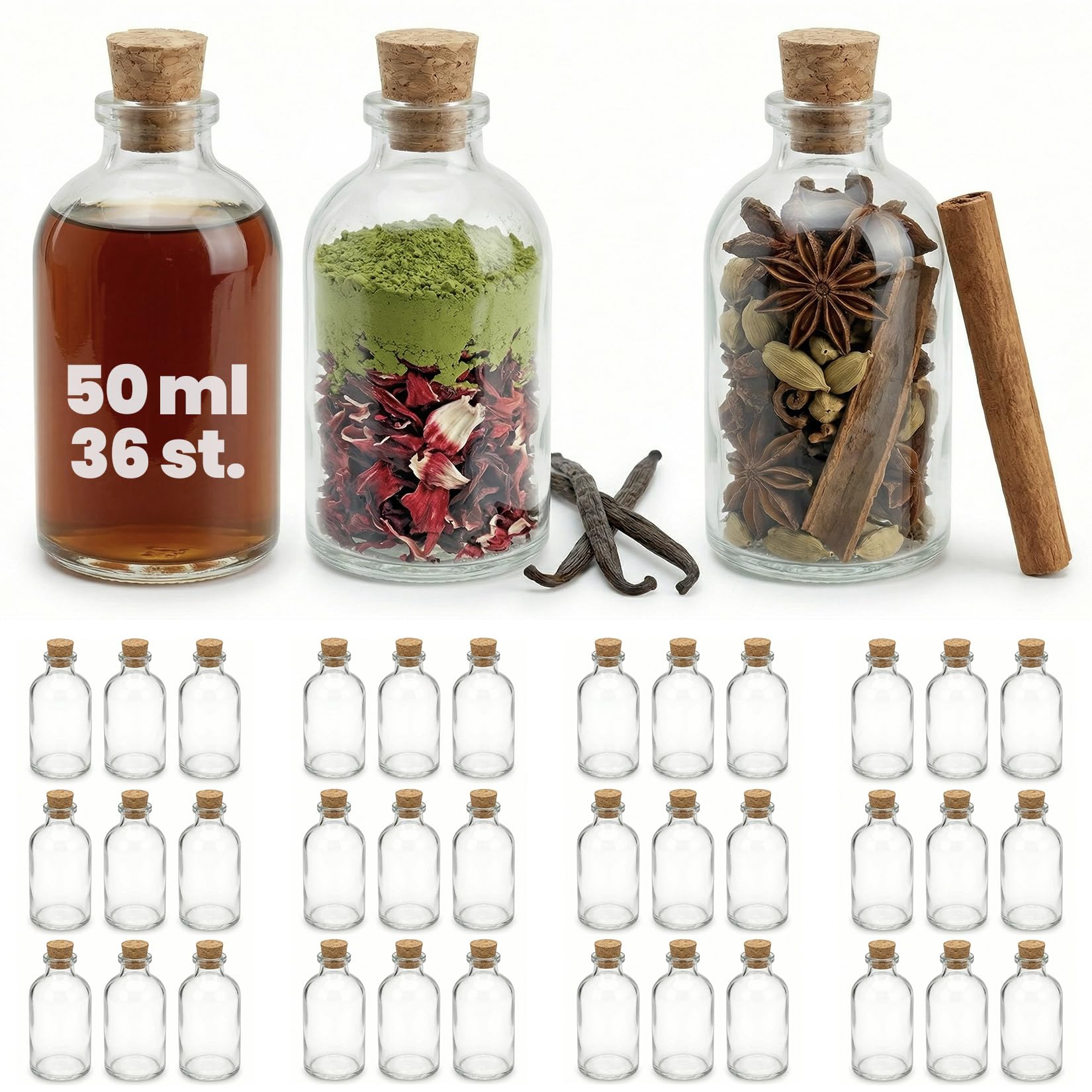 Casavetro Transparent 50Ml Mini Glass Bottles With Cork Lids - 36 Pcs Reusable Refillable Cork Tops - Air-Tight Bottles For Sloe Gin Oil Vinegar Beer Wine Cider Soda Vodka And Water (36 X 50 Ml)