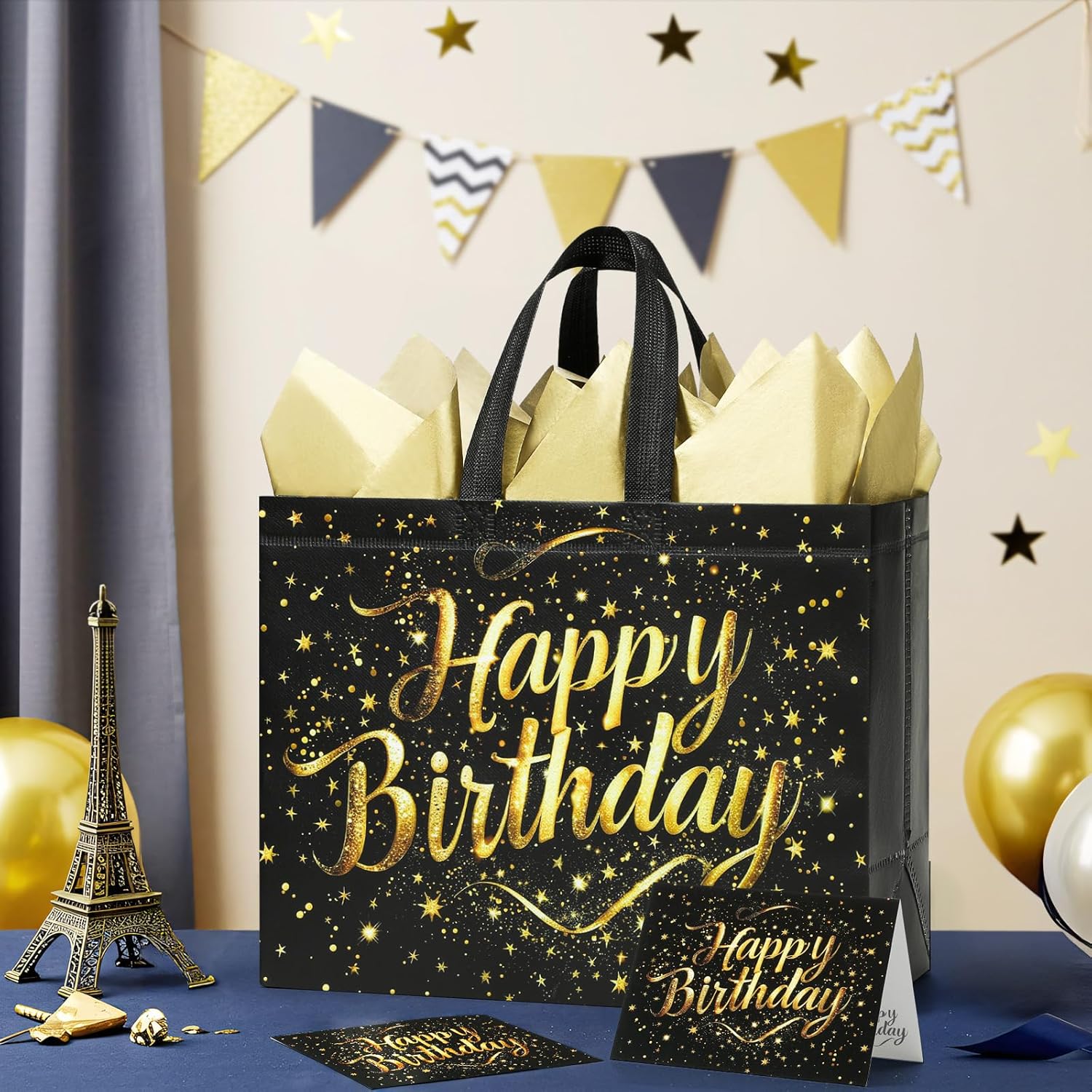 STYPOP 6 Pack 13" Large Birthday Gift Bags with Tissue Paper & Cards, Reusable Non-Woven Happy Birthday Bags with Handles, Perfect Gifts for Men, Boy, Kids, 12.8" x 10.2" x 6.3"