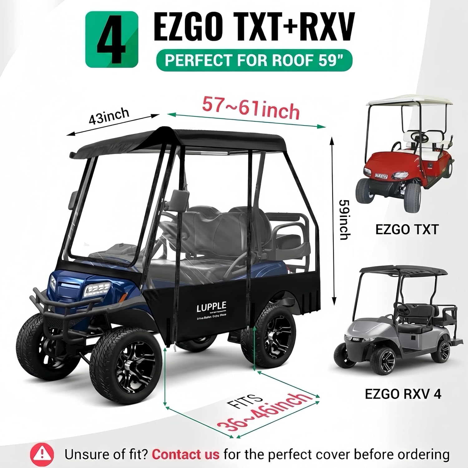 4 Passenger Golf Cart Enclosure for EZGO TXT RXV – Short Roof 59" Enclosure, 2+2 Seater Winter Weather Protection with 600D Waterproof Windproof Oxford & 4-Sided Clear PVC Zippered Doors (Black)