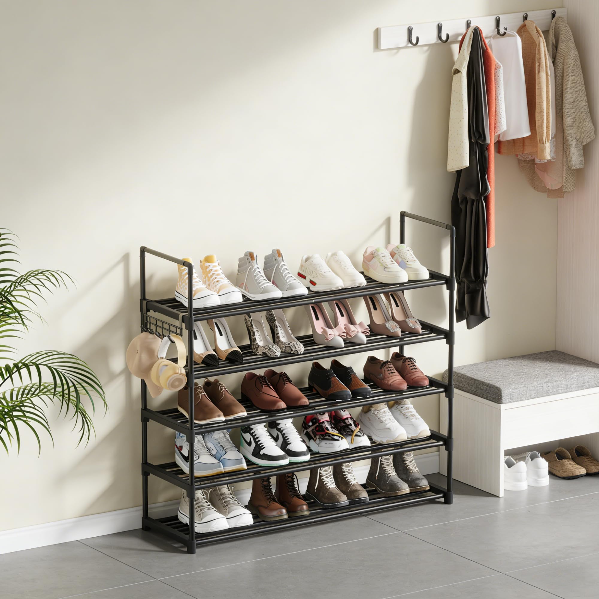 Scarpiera 5 Ripiani, Scarpiera Salvaspazio in Metallo, Porta Scarpe Verticale o Capovolta, per 20–30 Paia di Scarpe, Scaffale Salvaspazio Impilabile, Scarpiera Ingresso o da Esterno, Nera