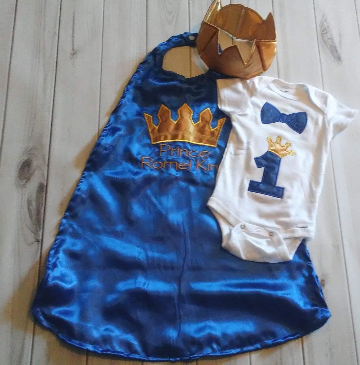 Mickey-Inspired Birthday Outfit for Baby Boys Custom Applique Onesie + Royal Blue Satin Cape + Gold Diaper Cover + Gold Satin Birthday Crown Hat Prince or King Theme