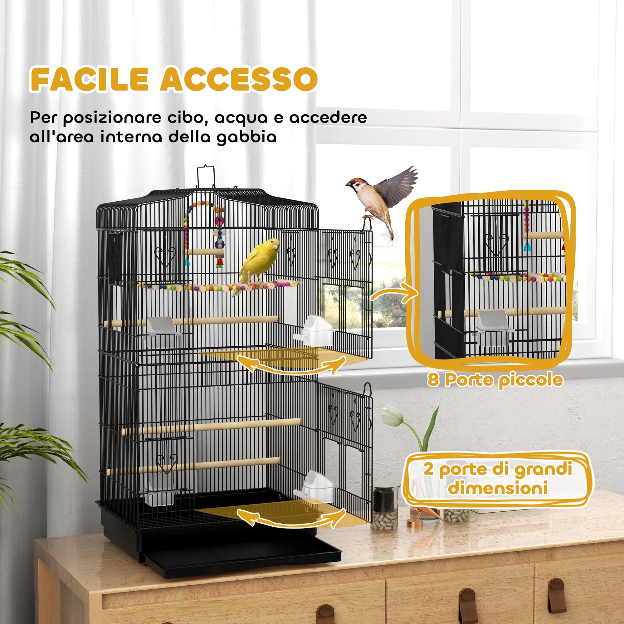 PawHut Gabbia per Uccelli con Maniglia, Vassoio Estraibile e Porte, Voliera per Pappagallini con Posatoi in Legno, Altalena e Ciotole per Cibo, 46.5x35.5x92cm, Nero