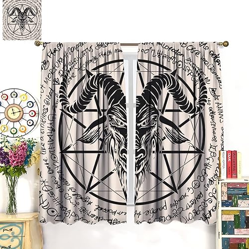Vista 186 de Cortinas de cabeza de cabra, misteriosa cabeza de cabra malvada, calavera negra, bolsillo para barra, cortinas opacas para ventana, juego de 2