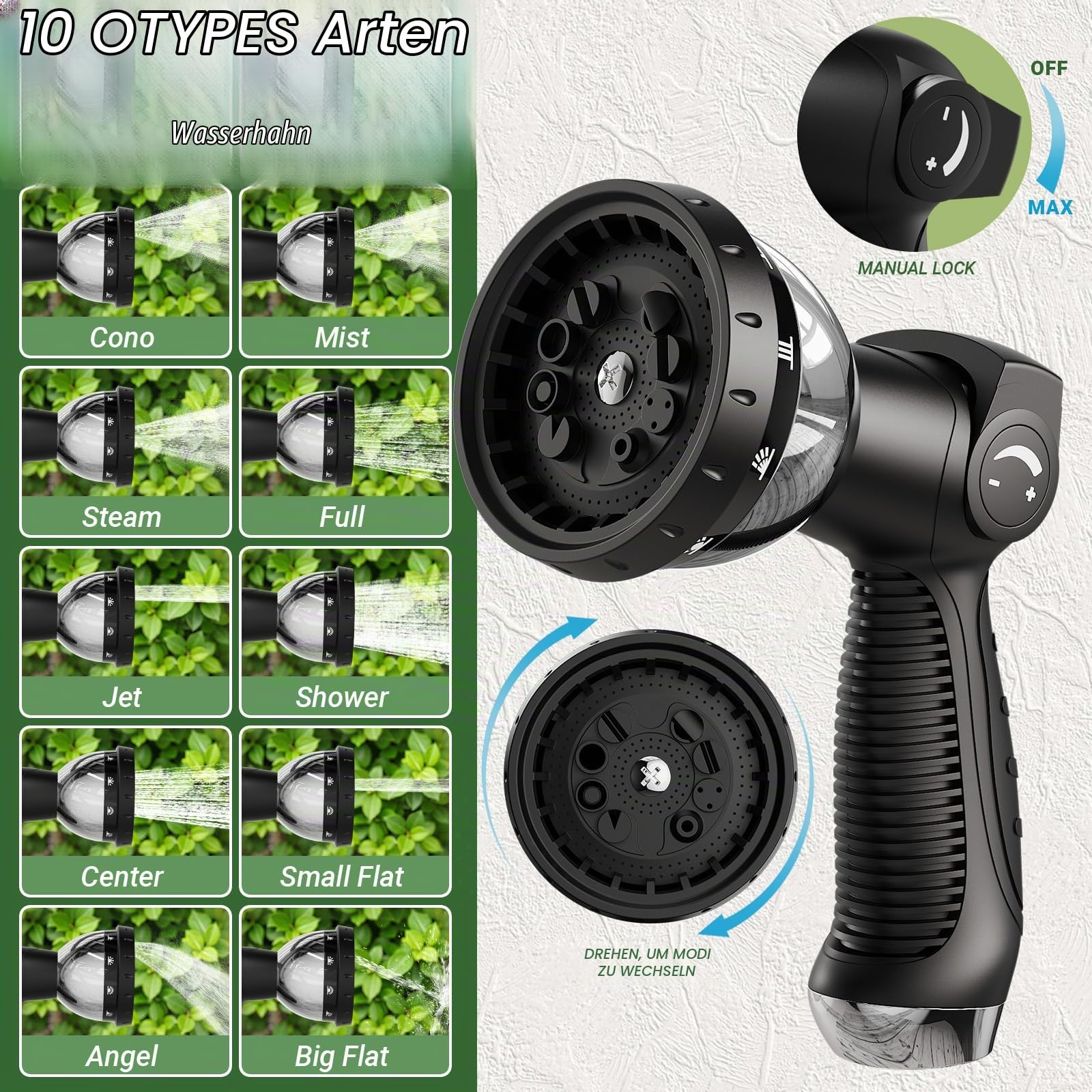 Gartenschlauch Flexibel Ausziehbarer Wasserschlauch mit 10-WegeGartenbrause | 3/4 Zoll & 1/2 Zoll Massive Messinganschlüsse, Knickfester & Dehnbarer Schlauch, Belastbar (Schwarz, 30M)