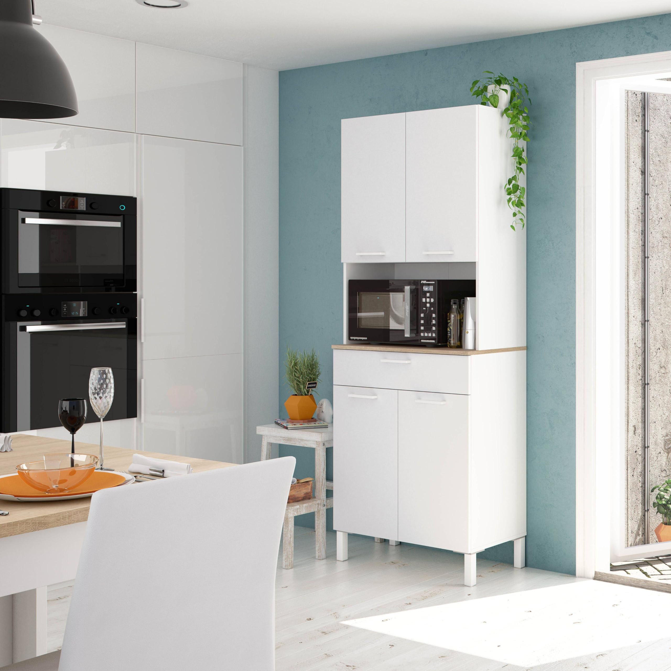Habitdesign Mueble Auxiliar Cocina 4 Puertas + 1 Cajón, Modelo Kira, Acabado Blanco Artik y Roble Canadian, Medidas: 186 cm (Alto) x 72 cm (Ancho) x 40 cm (Fondo)