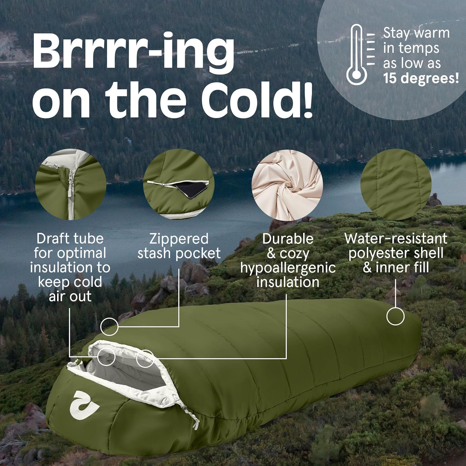 Retrospec Dream Mummy Sleeping Bag - 5, 15, & 30°F Cold Weather Camping & Travel Essential Gear with Water - Resistant Shell & Synthetic Fill - Zippered Pocket & Stuff Sack
