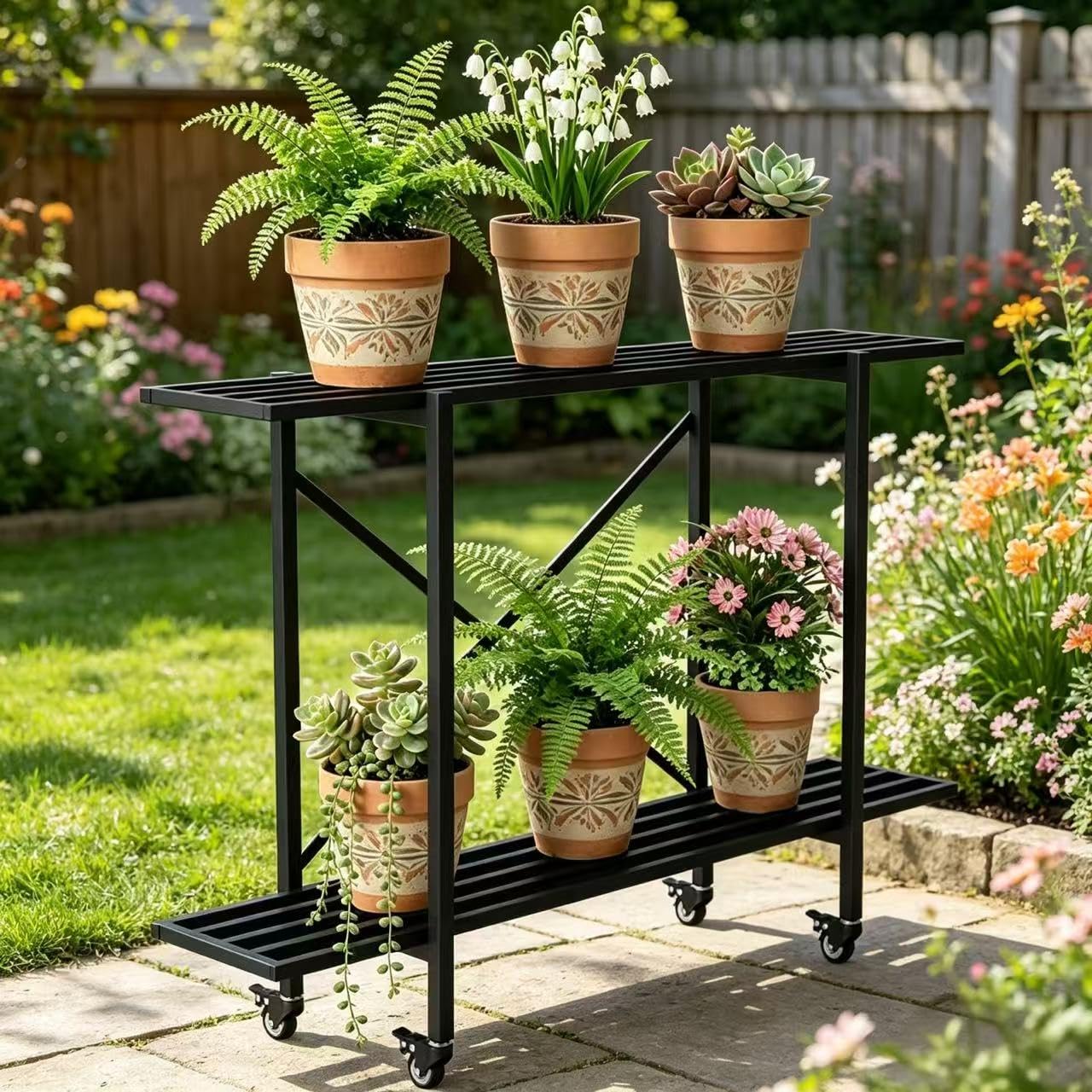 Zhongma 2-stöckiger Pflanzenständer aus Metall, stabil, schmal, mit Rollen, Pflanzenständer für drinnen und draußen, L 80 x B 26 x H 74 cm, 200 kg Kapazität und robuste Konstruktion.