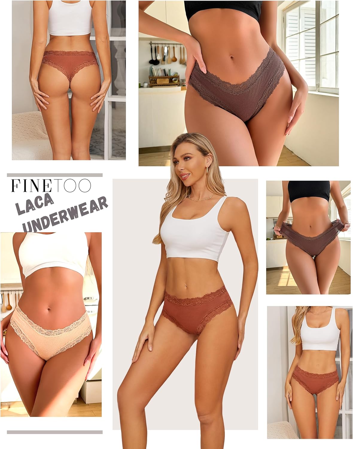 FINETOO Womens Cotton Underwear Sexy Lace Hipster Panties Soft Breathable Cotton Brazilian Bikini Ladies 6 Pack - Image 5