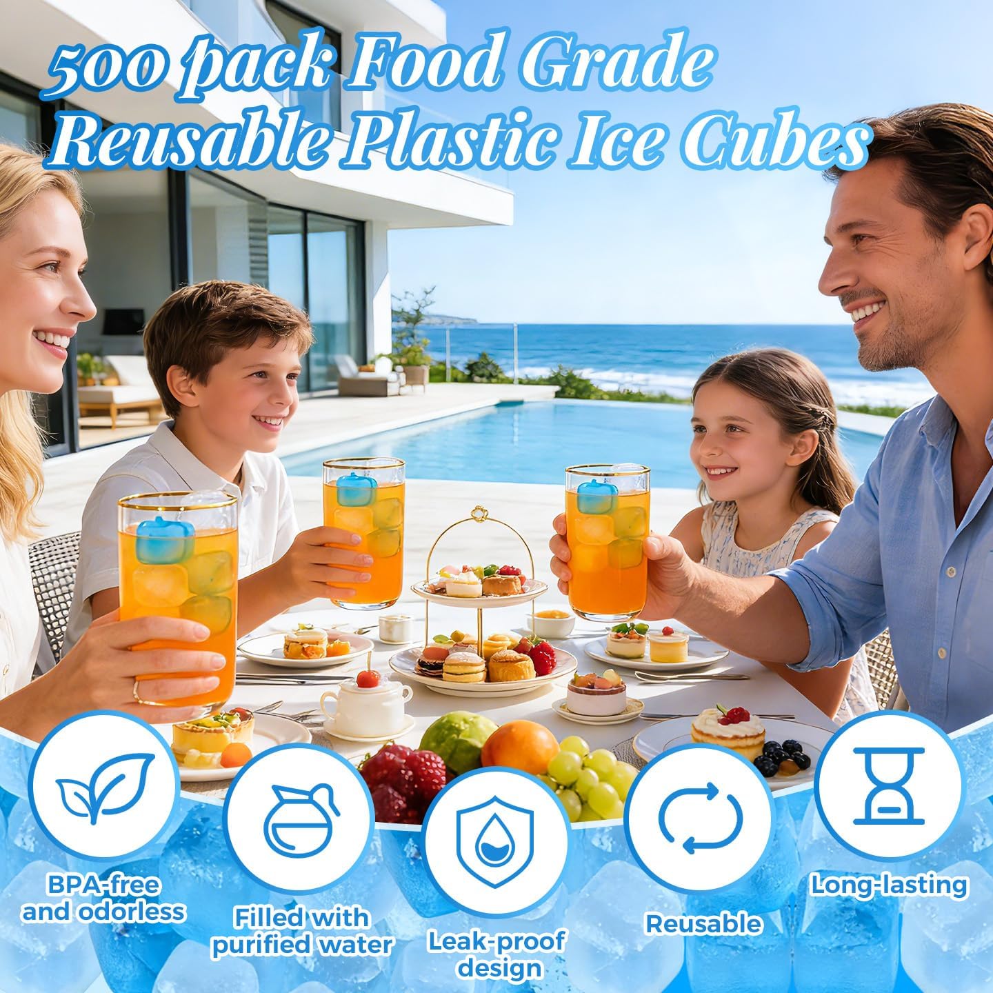 500 Pack Reusable Ice Cubes, Plastic Ice Cubes for Drinks Refreezable, Non-Diluting, Washable Square Ice Cubes for Whiskey, Cocktails, Beer, Parties & Camping, 15.4LBS (with 2 Storage Bags)