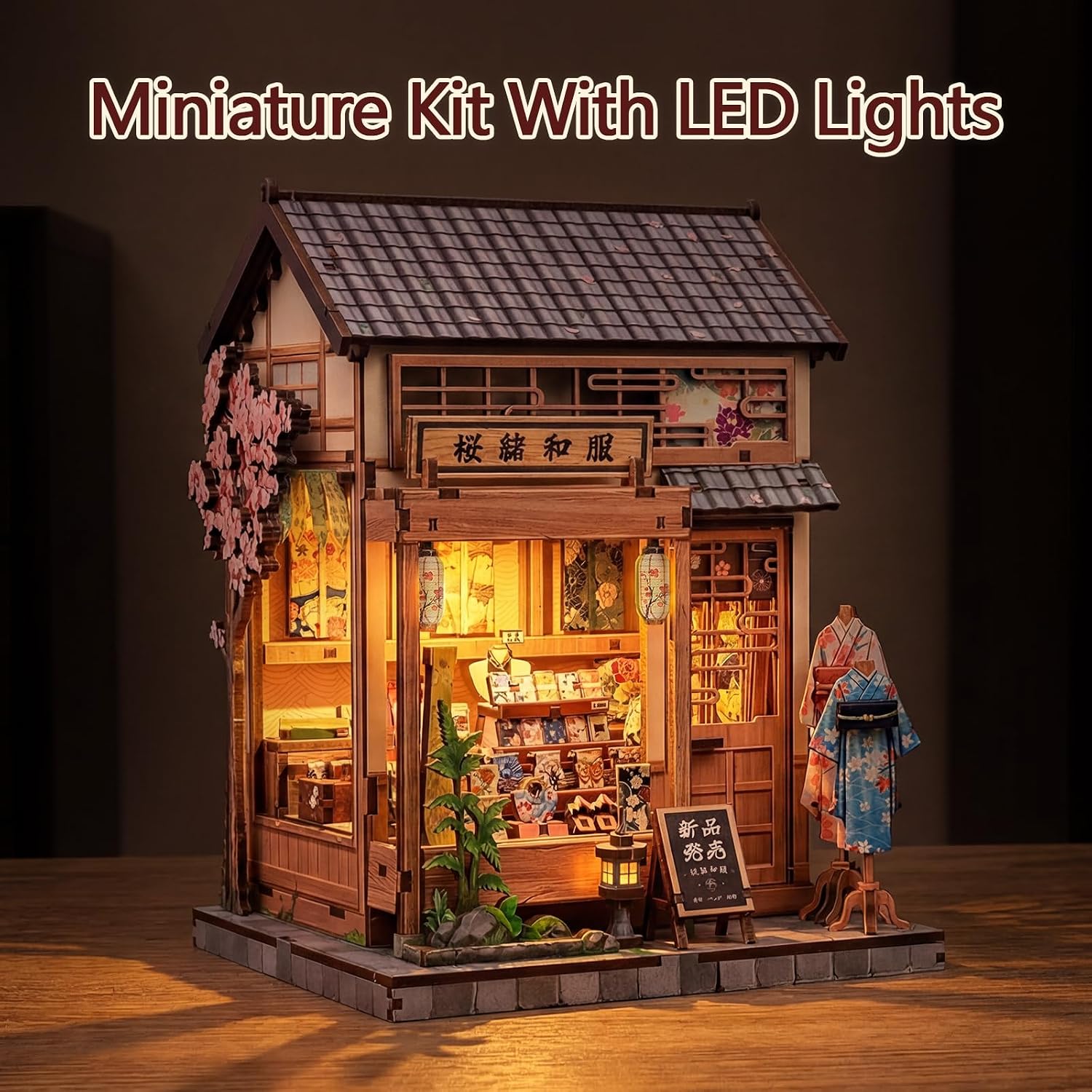 Fsolis Japanese Book Nook Kit - DIY Bookshelf Miniature House Kit for Adults Japan Kimono Shop Diorama 3D Wooden Puzzles Gifts for Women Puzzle Lovers (Sakura O Kimono Shop)