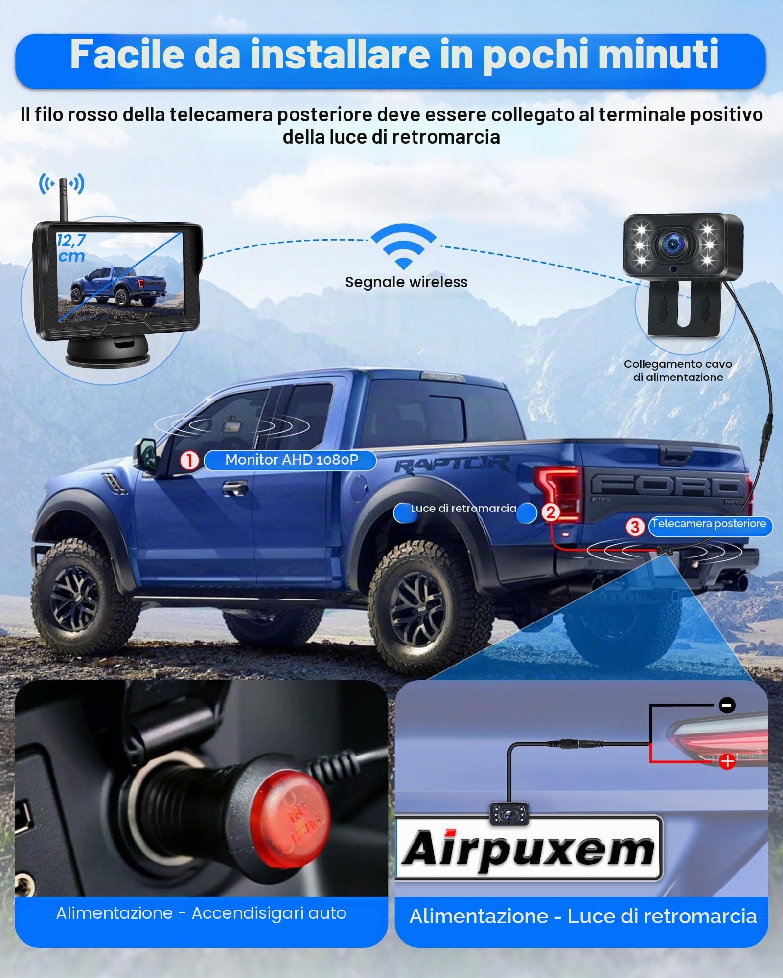 AHD 1080P Retrocamera Auto Wireless Immagine Stabile con 5 '' Monitor | Telecamera Retromarcia Wireless 6 LED Telecamera Posteriore Senza Fili Visione Notturna 170°Grandangolo per DC 12V Camion SUV