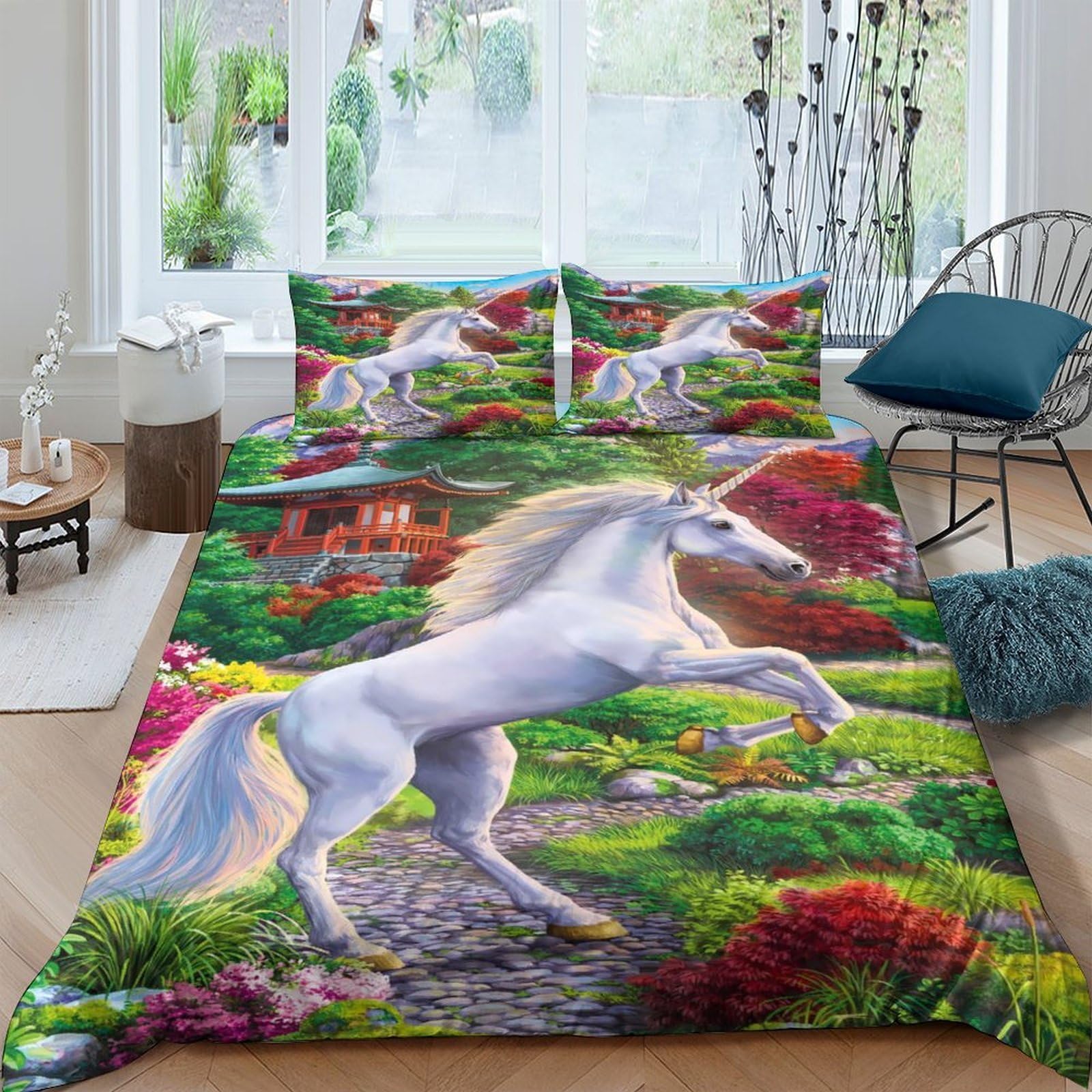 Ctjqhvkz Style-2 3D Printed White Unicorn Fitted Sheet Microfiber Vibrant Fantasy Garden Mattress Cover For Bedroom Dorm Decor Single（135X200cm）