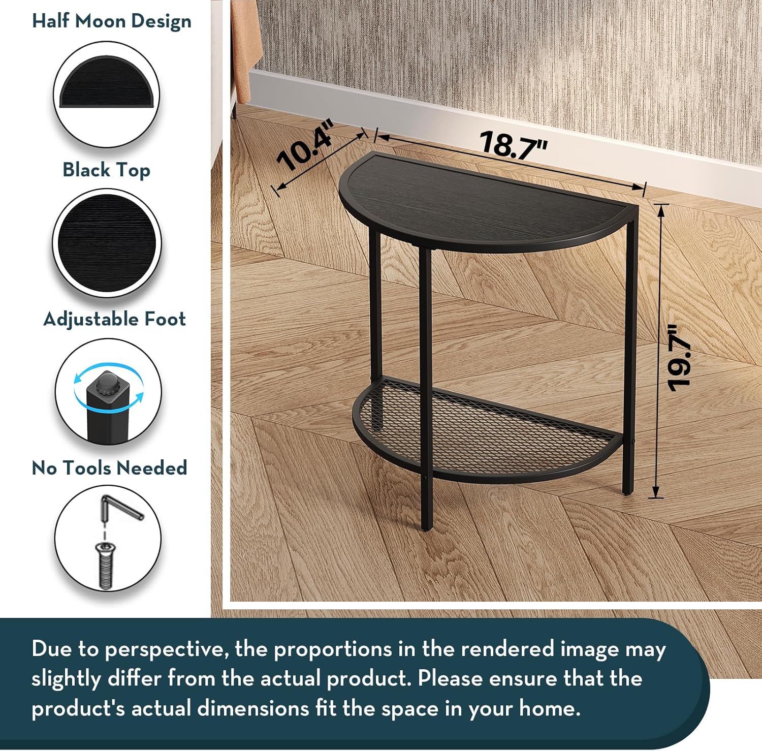 SAYGOER Black Side Table 19.7'' Half Moon Side Tables 18.7"*10.4" Night Stand Small End Tables for Living Bed Room 2 Tier Bed Couch Tables with Storage Shelf, Adjustable Feet, All Black