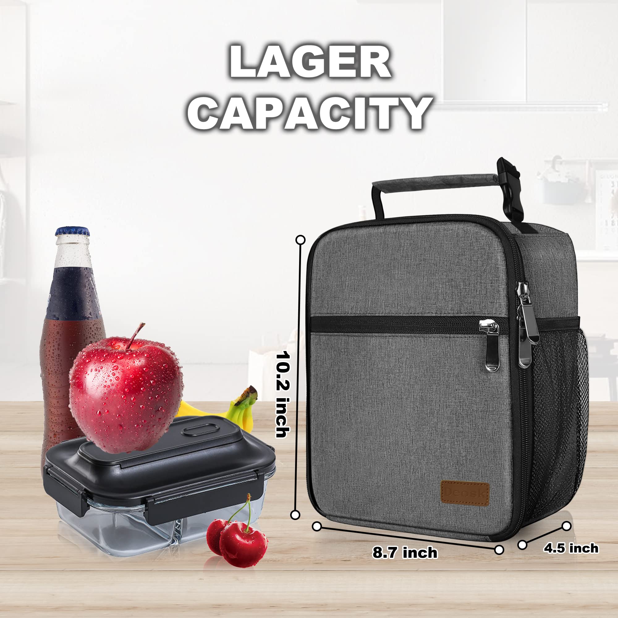 Lonchera reutilizable pequeña para hombres, lonchera portátil aislada para adultos, adecuada para escuela, trabajo, picnic (gris) 2