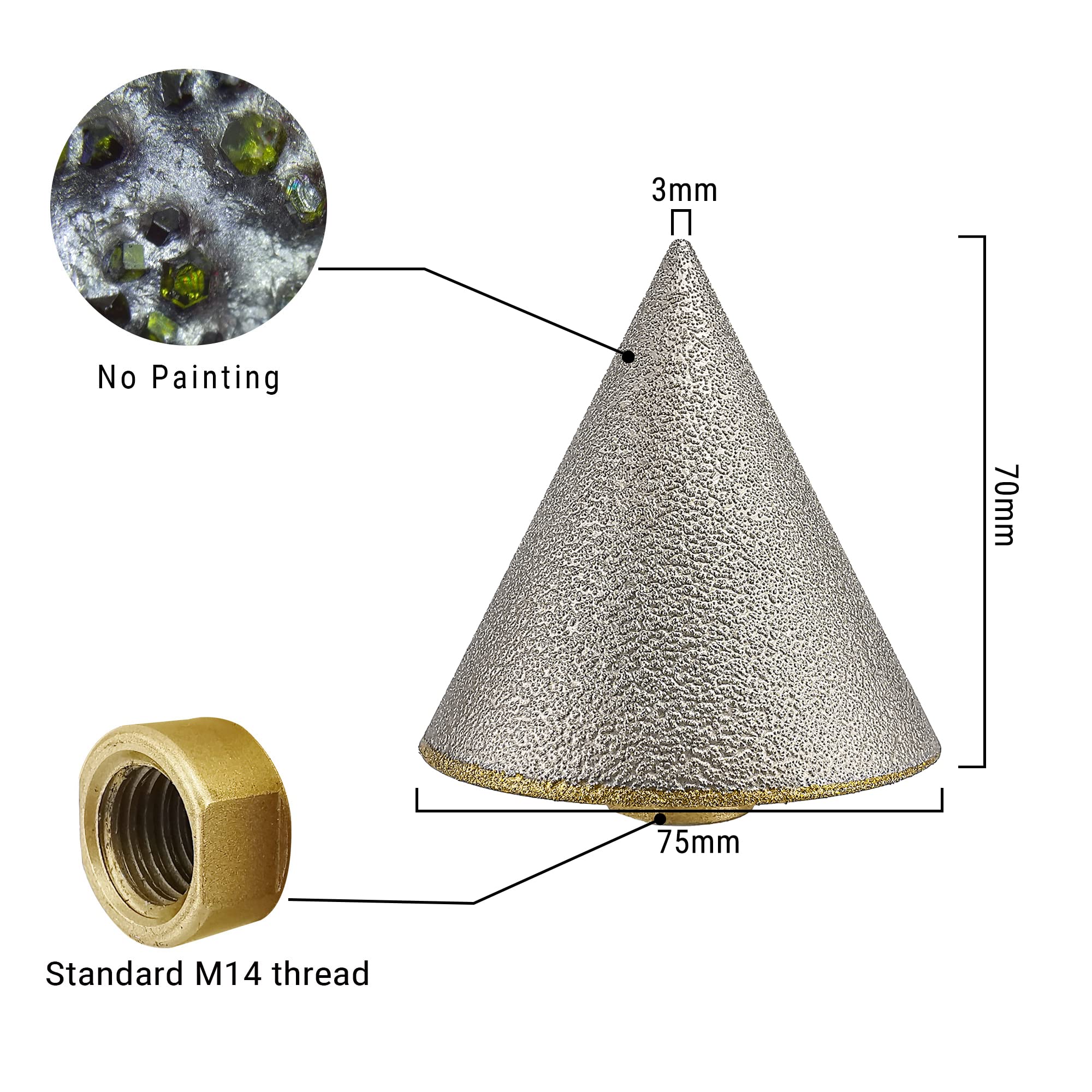 NBB vakuumgelöteter Diamant-Fasfräser mit M14 für Winkelschleifer, Diamant-Reibahle, zum professionellen Trocken- oder Nassfasen auf Porzellan, Keramik, Fliesen, Granit, Marmor, zum Lochfräsen(1,CB75)