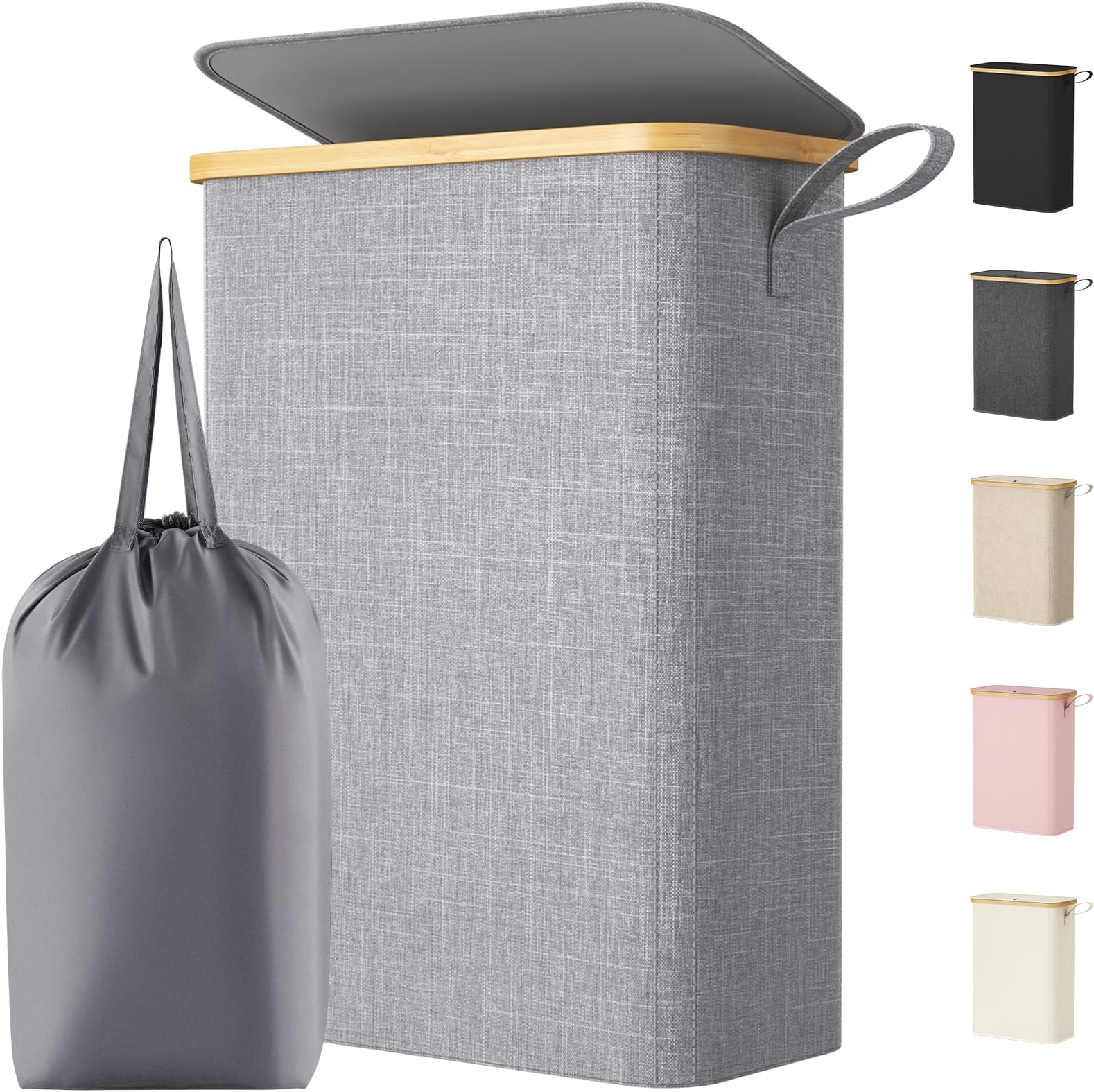 50L Slim Laundry Basket with Lid, Narrow Laundry Bin with Removable Bag & Bamboo Handles, Foldable Thin Dirty Clothes Hamper for Laundry, Bathroom, Bedroom, Dorm (Grey)