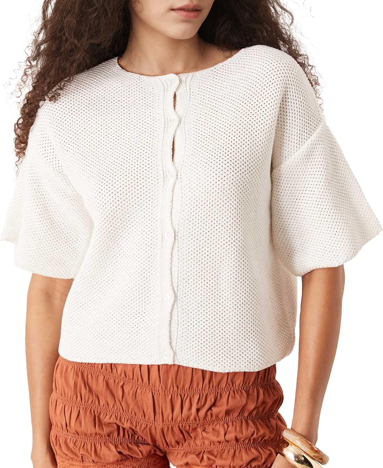 Ainangua Womens Casual Cardigan Summer Short Sleeve Crew Neck Button Down Knit Sweater Tops Lightweight Travel Outfits - Image 5