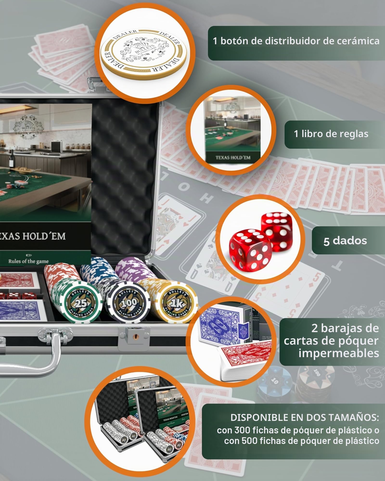 Bullets Playing Cards, Maletín de póquer Christopher, Juego de póquer con 300 fichas de póquer de plástico, Incluye botón de cerámica, Paquete Doble de Cartas de póquer