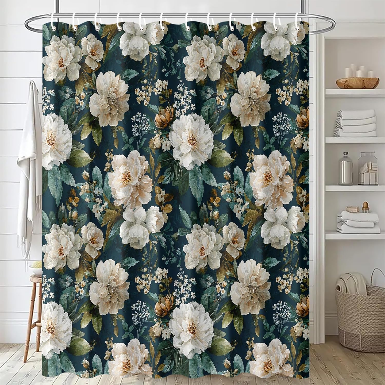Vintage Floral Shower Curtain 72x72 Inch Dark Blue Background Bathroom Curtain with Cream Flower Print Fabric for Classic Elegant Decor