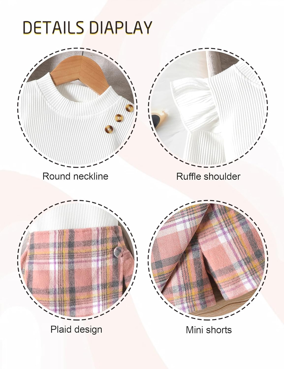 Toddler Girl Clothes,Girls Outfits Long Sleeve Ruffle Button Tops + Plaid Skirt Shorts + Hat 3Pc Little Girls Clothes - Image 5