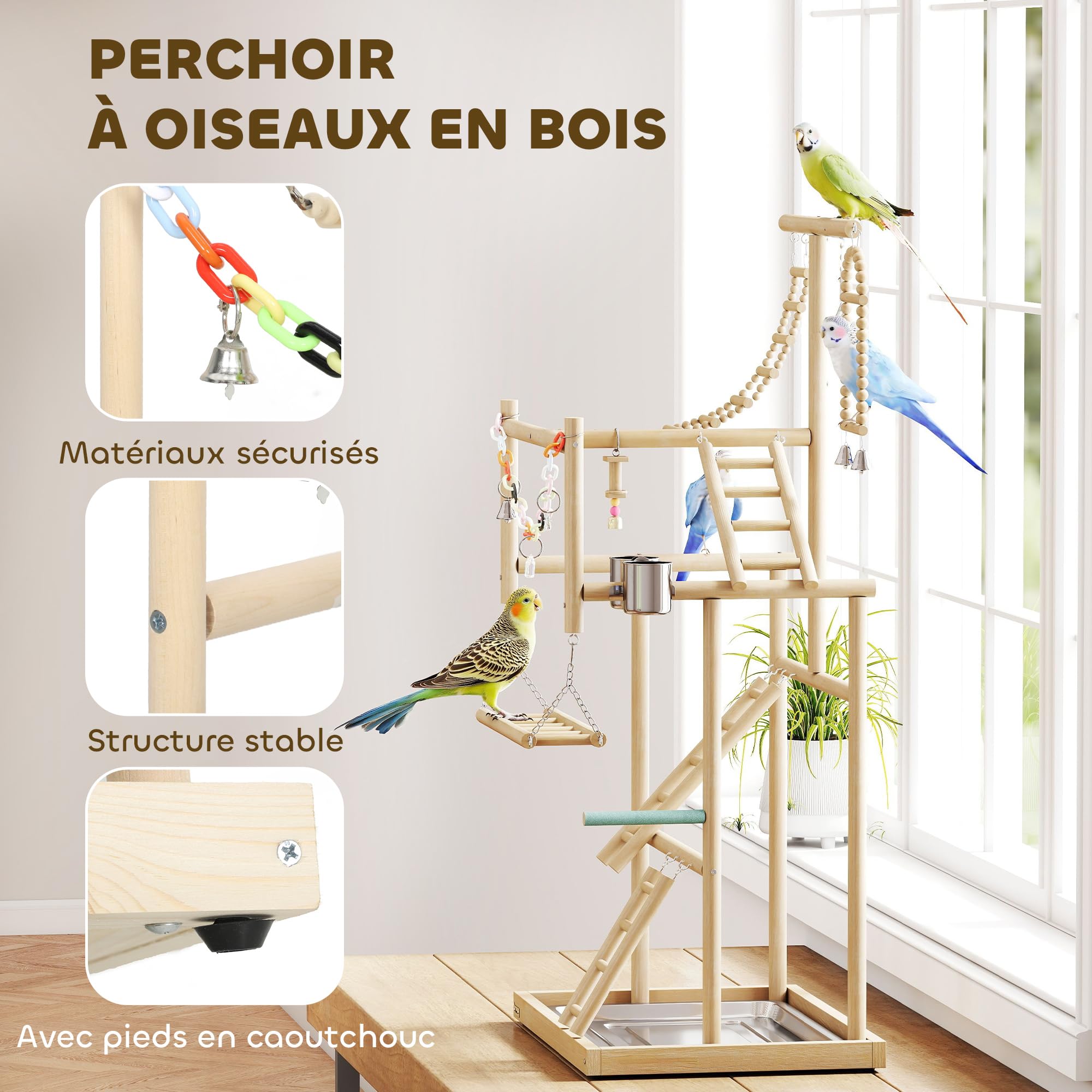 PawHut Aire de Jeux pour Oiseaux, échelles, pour Perroquet, 48 x 38 x 95 cm | Jeu pour Perroquet, Jouet à Chaîne, Plateau, Mangeoire, Balançoire, Pour Perruches, Inséparables, Pinsons, Calopsittes