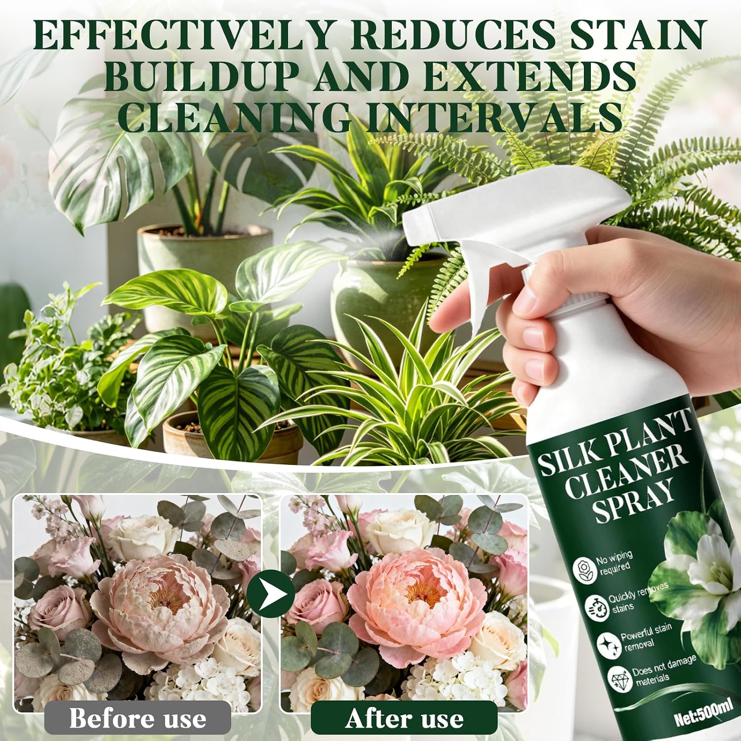 Silk Plant Cleaner Spray No Wipe, 500ml Silk Plant Cleaner