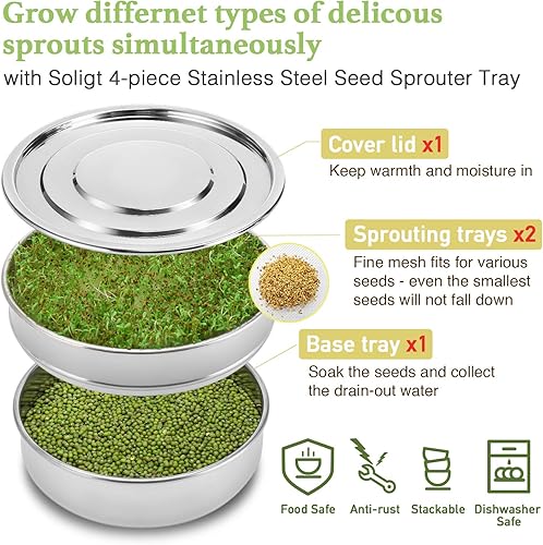 Miniatura 3 de SOLIGT Kit apilable de germinación de semillas de acero inoxidable, bandejas de germinación de malla de 2 niveles, 1 base y 1 tapa de cubierta