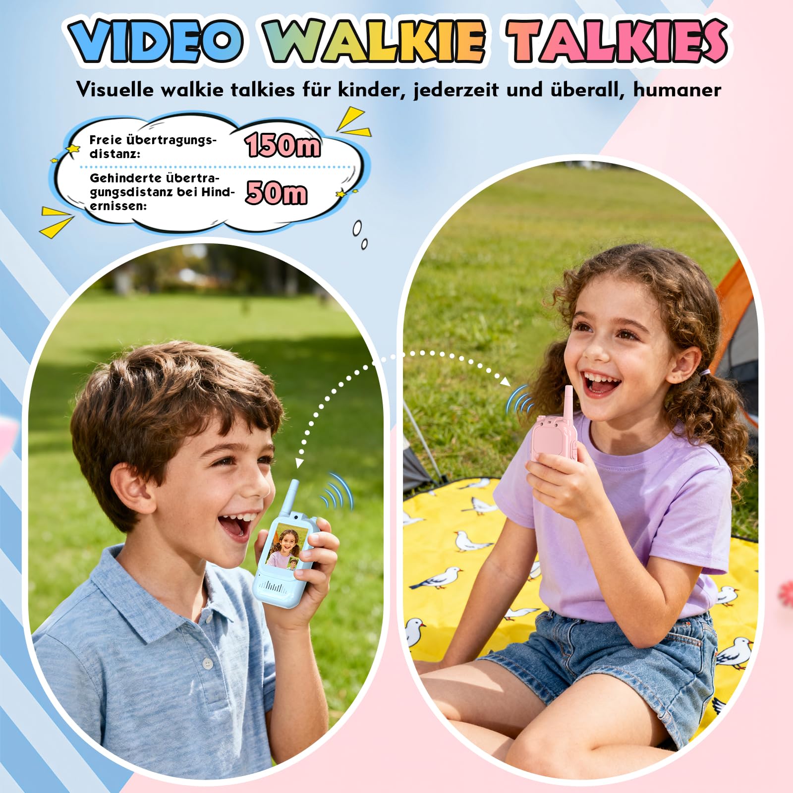 Video Walkie Talkie Kinder,2er Set Walky Talky Kinder Aufladbar Weihnachten Geschenk Spielzeug 3-12 Jahren Junge und Mädchen,5km Walki Talki für Abenteuer im Freien (Blau+Rosa, Einheitsgröße)