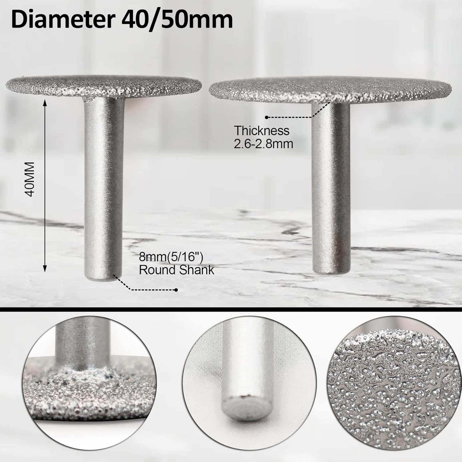 SHDIATOOL 3-Piece 50mm Diamond Wheel for Cutting/Shaping Tiles Marble Brick Granite Concrete with 8mm Shank 46 Grit
