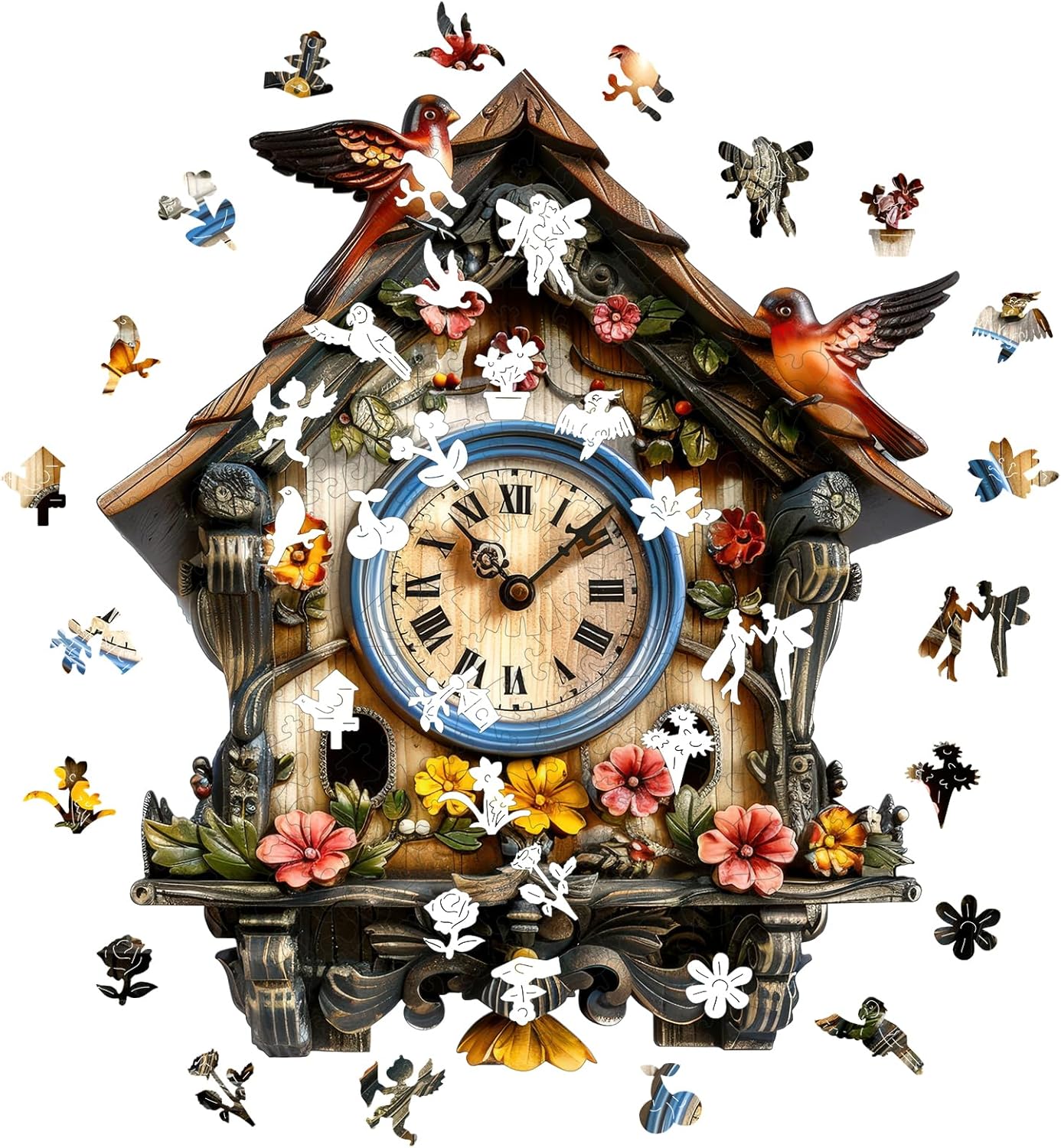 Pikoqunc Mothers Day Wooden Jigsaw Puzzles, Clock House Wooden Puzzles for Adults 200 Pieces with Birds, Unique Vintage Wood Puzzle for Home Décor, Perfect, 9.8’’ x 11.4’’ Family Game