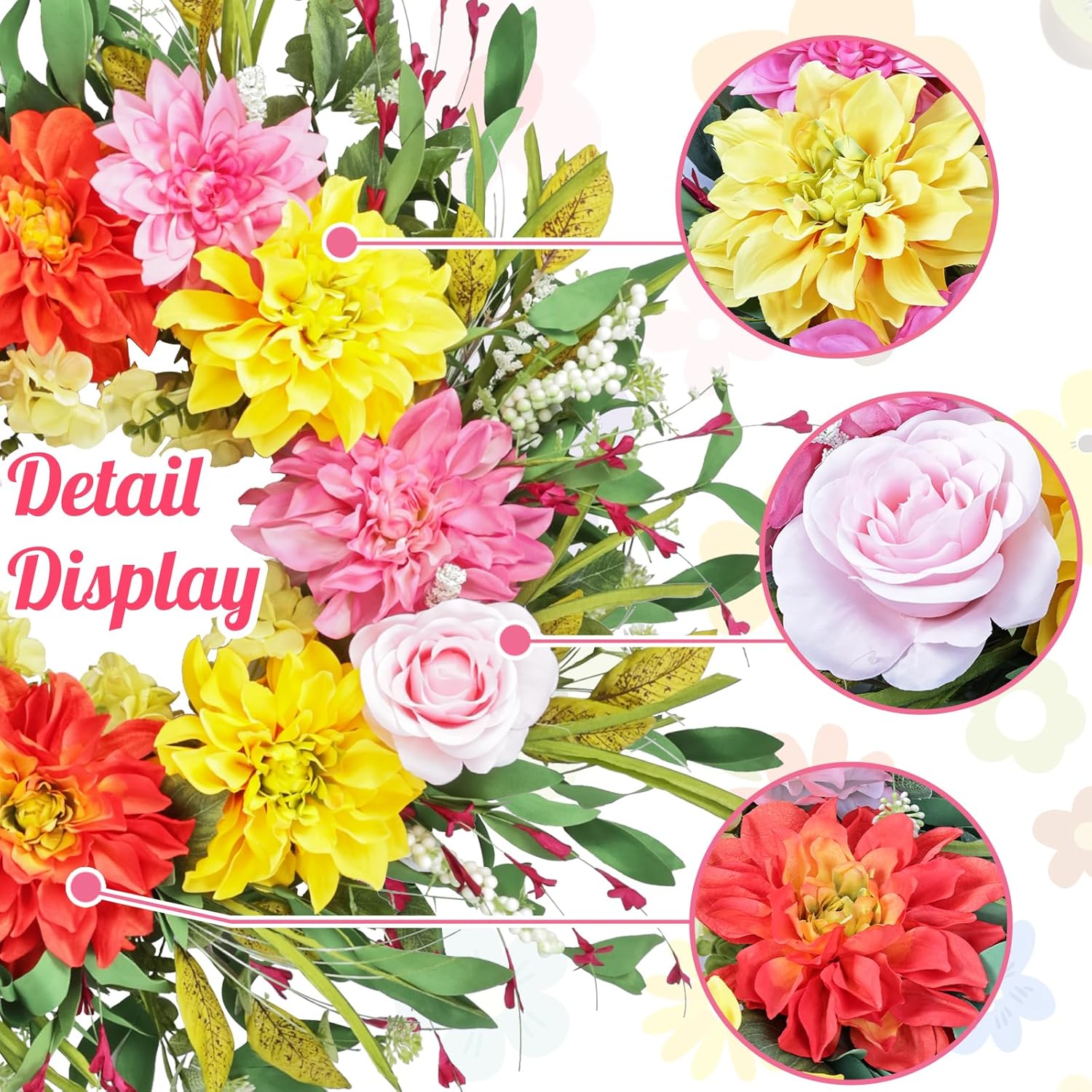 24" Dahlia Spring Summer Wreath for Front Door Outside, Peony and Rose Artificial Flower Wreath with Green Leaves, Bright Colorful Farmhouse Floral Decor for Porch Wedding Indoor Outdoor