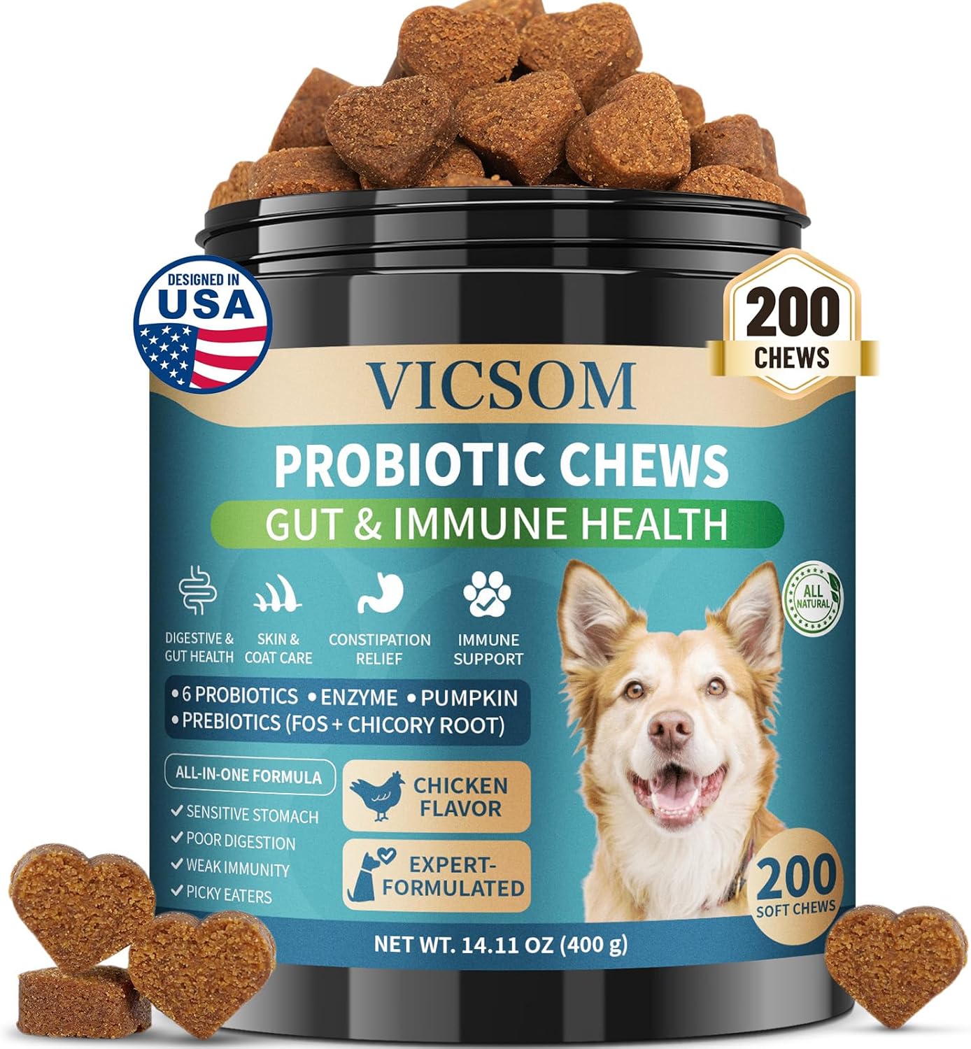 VICSOM Probiotics for Dogs, 200 Pcs Dog Probiotic Chews for Dogs, Dog Probiotics for Gut Health & Skin Comfort- Dog Probiotic Supplements, Digestive Care for All Dog, Chicken Flavor