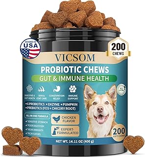VICSOM Probiotics for Dogs, 200 Pcs Dog Probiotic Chews for Dogs, Dog Probiotics for Gut Health & Skin Comfort- Dog Probiotic Supplements, Digestive Care for All Dog, Chicken Flavor