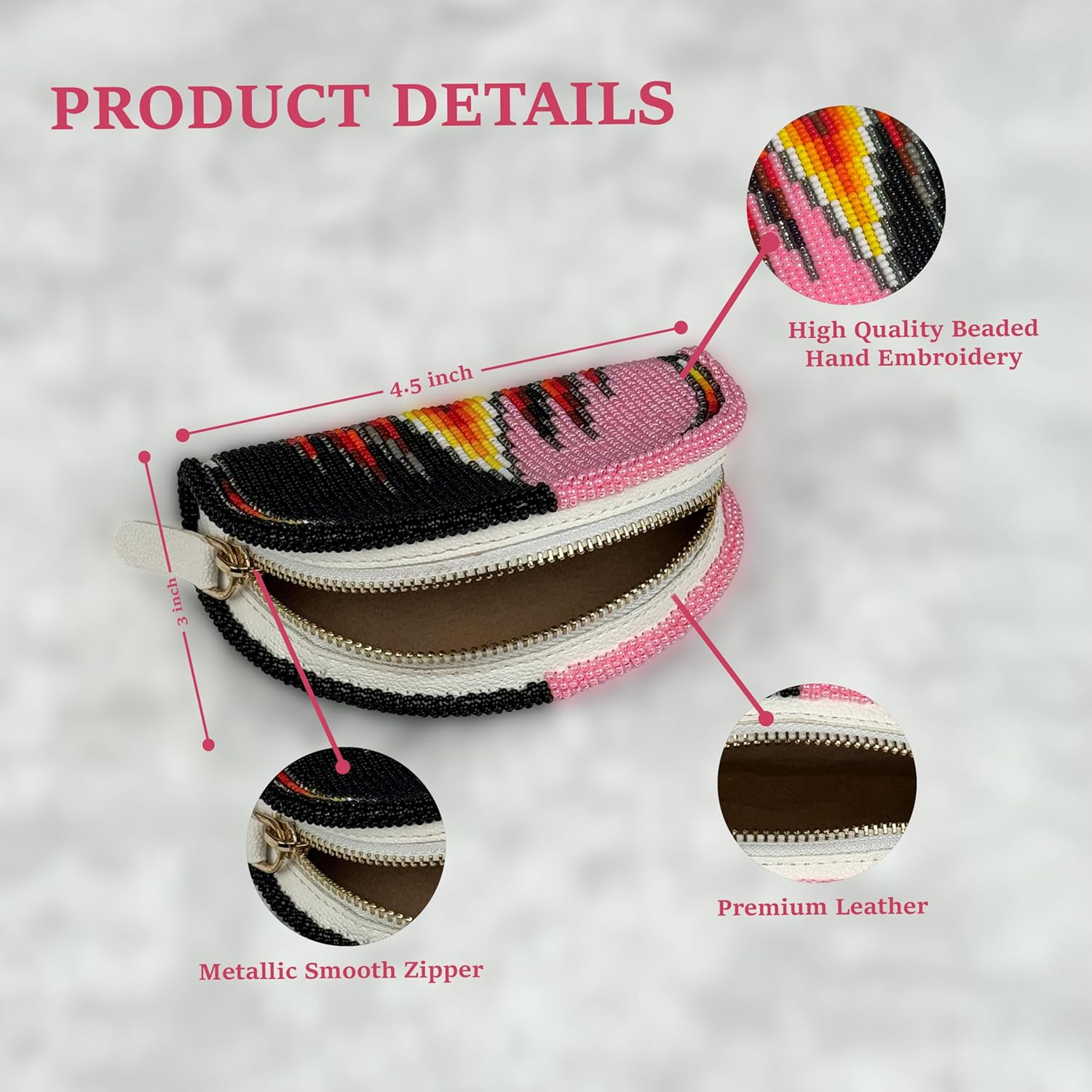 Handmade Beaded Coin Purse Women Pink/Black - Small Mini Wallet Zipper Pouch Native American - Czech Glass Seed Beads Leather Change Purse Cute Vintage Boho Gift Wristlet Travel Compact