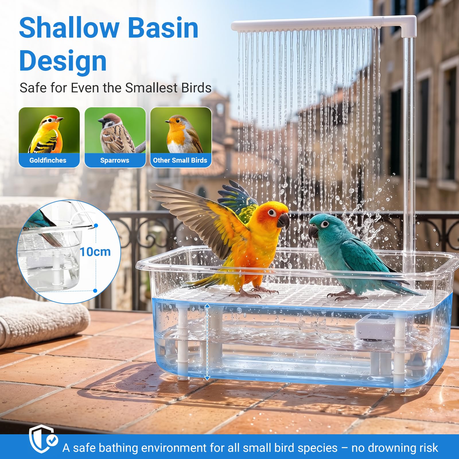 Vogeldusche Wellensittich - Vogel Badewanne mit Dusche - USB-betriebenes Vogelbad mit Wasserzirkulation - Vogel Badehaus mit Rutschfester Boden für Wellensittiche und Kleine Vögel