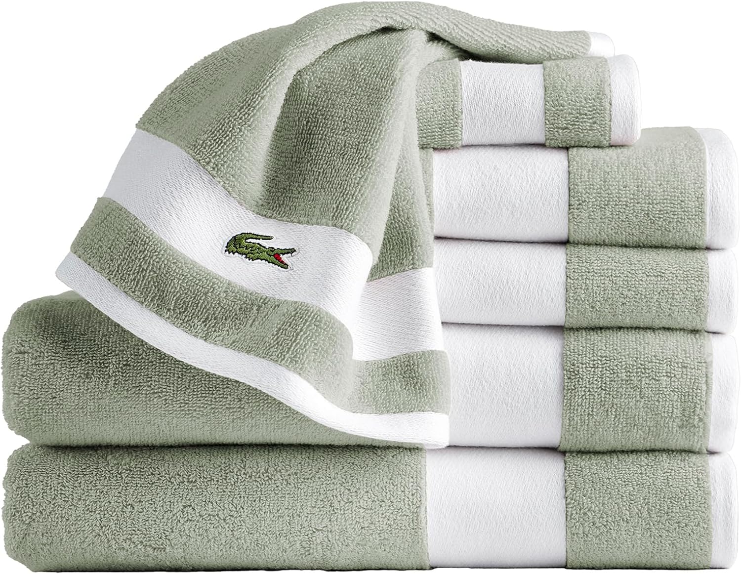 Lacoste Sport Stripe 6-Piece Luxury Cotton Towel Set – Made with 100% Soft Supima Cotton, Absorbent & Quick-Drying, Includes 2 Bath Towels, 2 Hand Towels, 2 Washcloths, Aloe