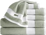 Ensemble de serviettes de luxe Lacoste Sport rayées 6 pièces – Fabriqué en 100 % coton Supima doux, absorbant et à séchage rapide, comprend 2 serviettes de bain, 2 serviettes à main, 2 gants de toilette, bleu surf