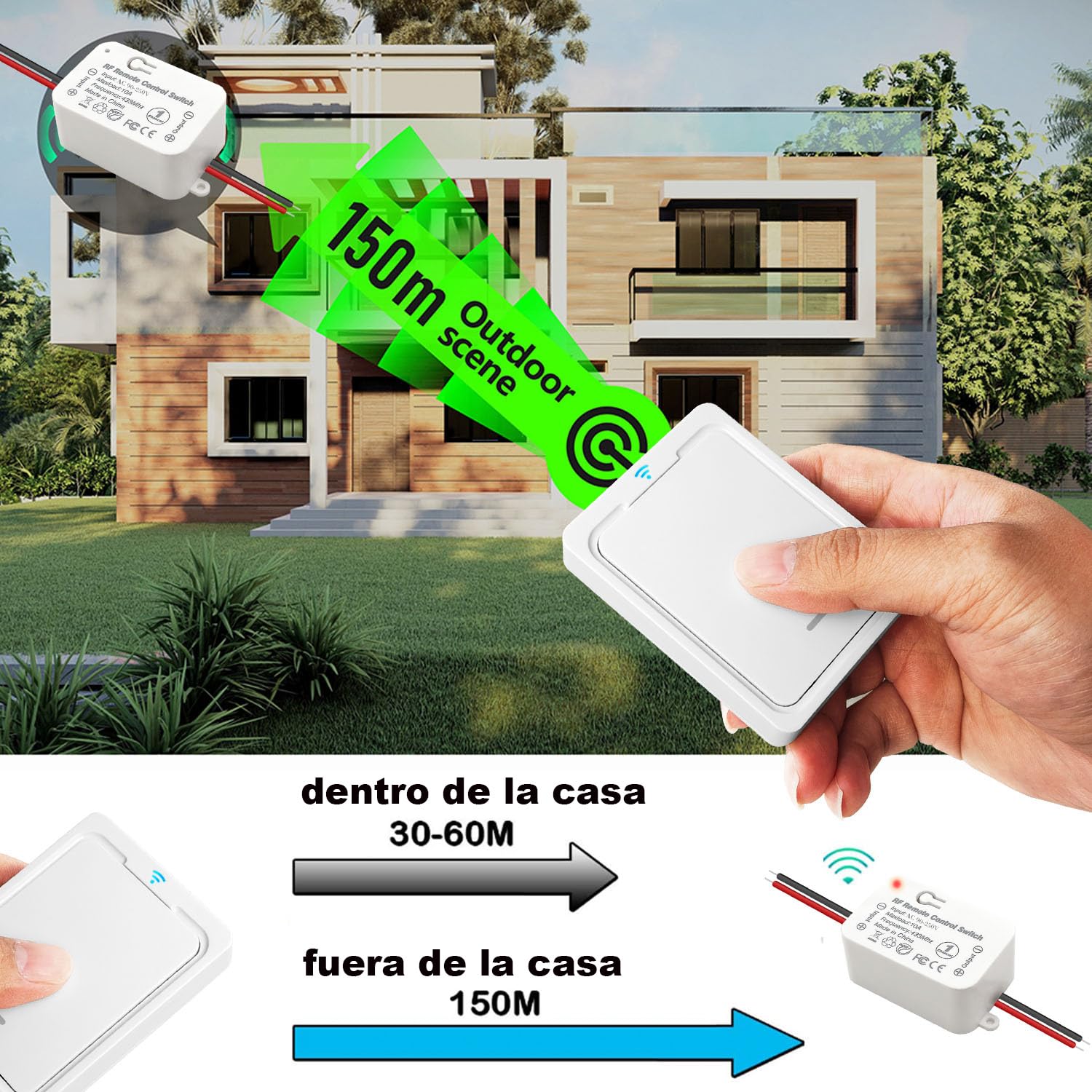 Kit de Interruptor de Luces Inalámbricas, Interruptor Inalámbrico Receptor Relé 220V 2000W RF Control Remoto Hasta 150M Mando Distancia para Luces y Electrodomésticos, No se requiere WiFi