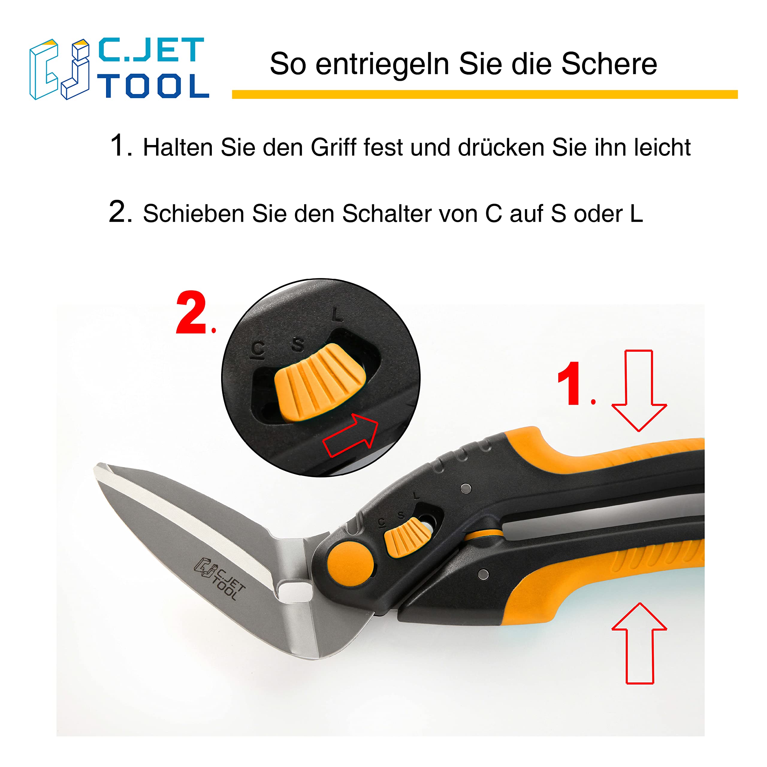 C.JET TOOL Teppichschere, Hochleistungsschere, Länge 25 cm Industrieschere, Mehrzweckschere für Teppich, Pappe, Leder, Beschneiden, Gartenarbeit, professioneller weicher Griff aus Edelstahl (Orange)