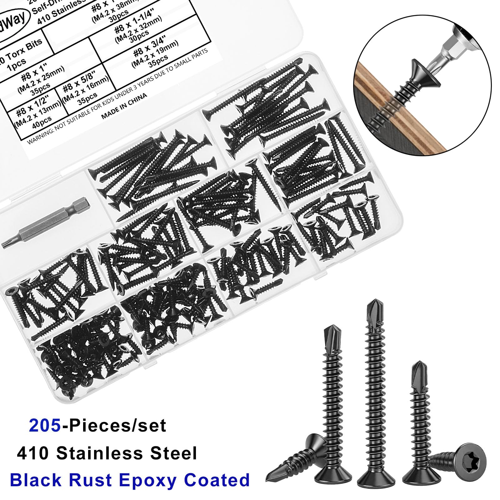 FandWay 205 Pcs Torx Self Tapping Screws Metal,M4.2x13~38mm Torx Countersunk Self Drilling Screws,Flat Head Sheet Metal Tek Screw 410 Stainless Steel Black Coating With 1 T20 Bits For Metalwork - Image 2